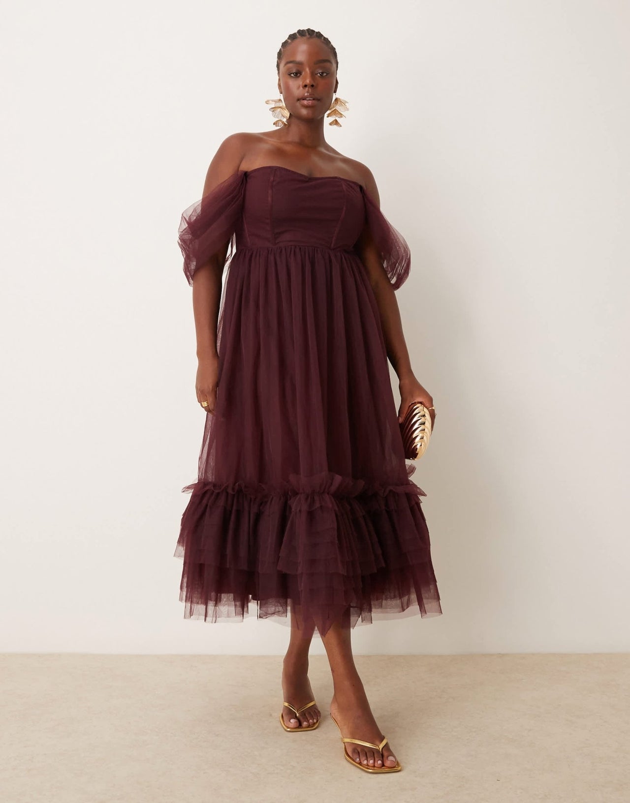 Lace & Beads Plus off shoulder corset ruffle midaxi dress in plum - ASOS Sample Sale