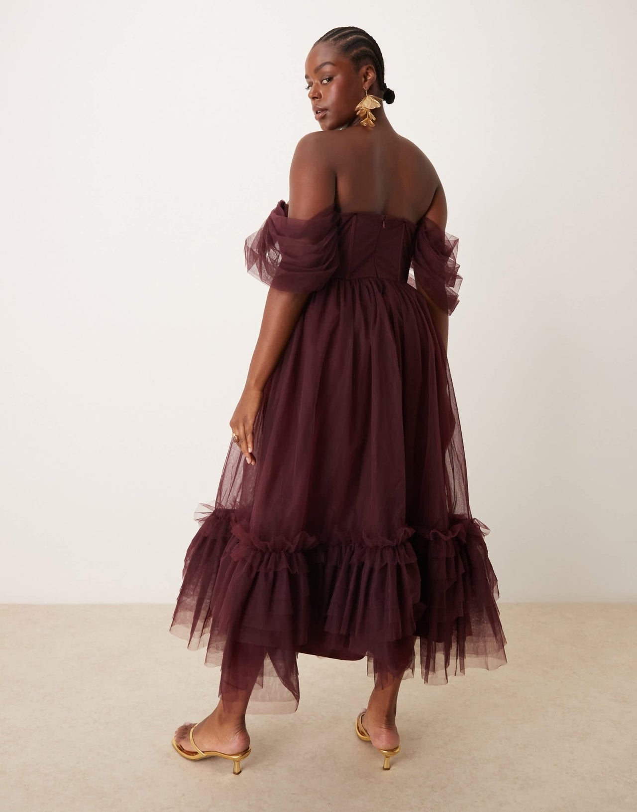 Lace & Beads Plus off shoulder corset ruffle midaxi dress in plum - ASOS Sample Sale