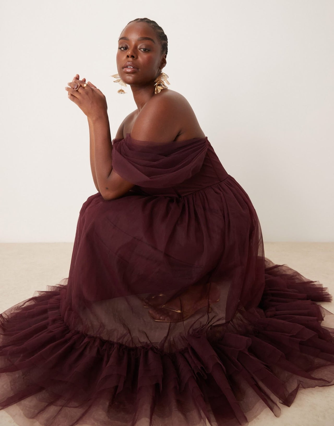 Lace & Beads Plus off shoulder corset ruffle midaxi dress in plum - ASOS Sample Sale