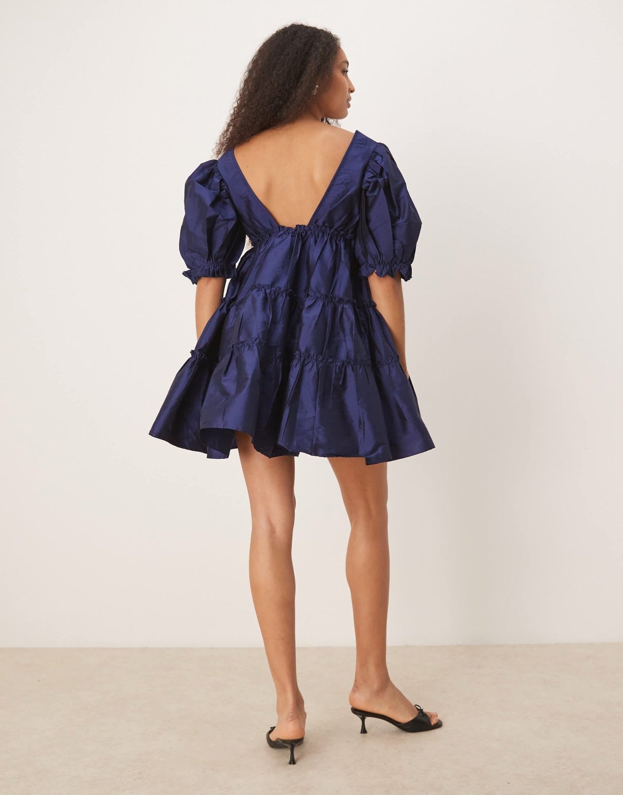 Lace & Beads puff sleave plunge mini dress in navy - ASOS Sample Sale