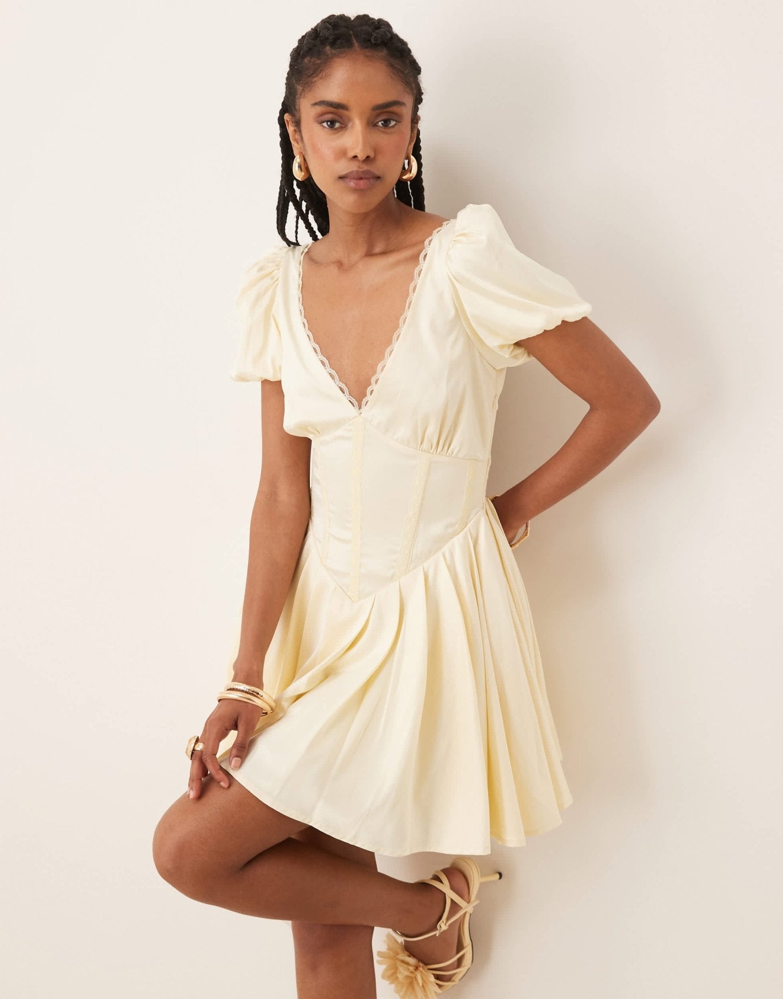 Lace & Beads puff sleeve satin corset mini dress in butter yellow - ASOS Sample Sale