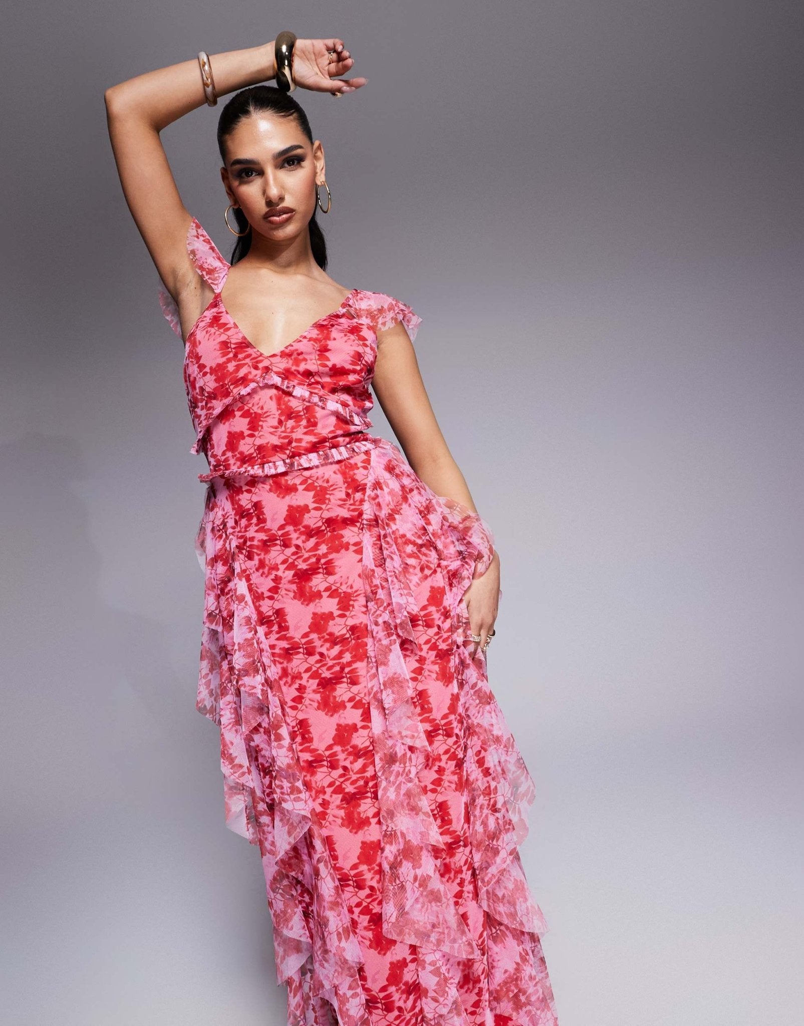 Lace & Beads ruffle midaxi tulle dress in red and pink floral - ASOS Sample Sale