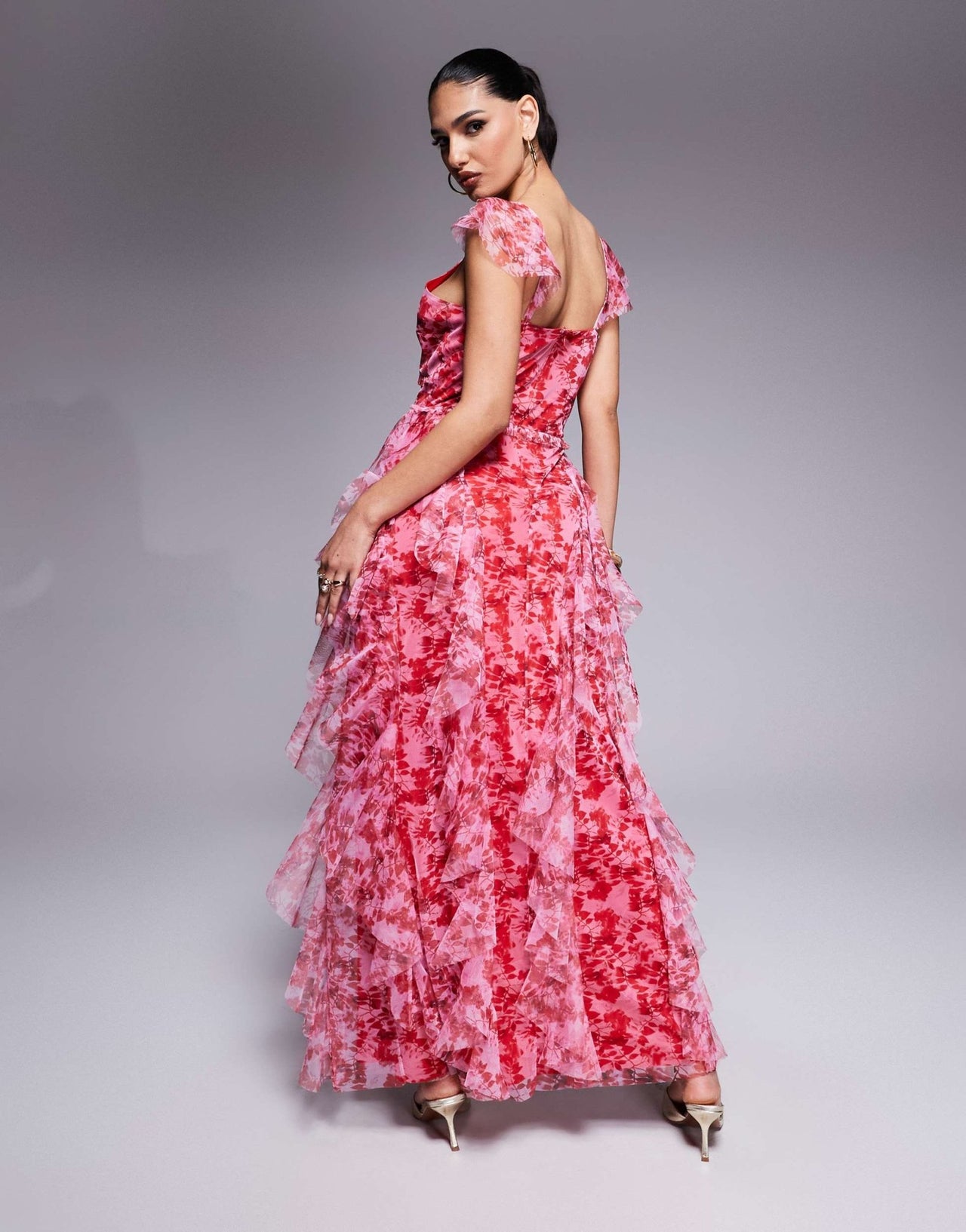 Lace & Beads ruffle midaxi tulle dress in red and pink floral - ASOS Sample Sale
