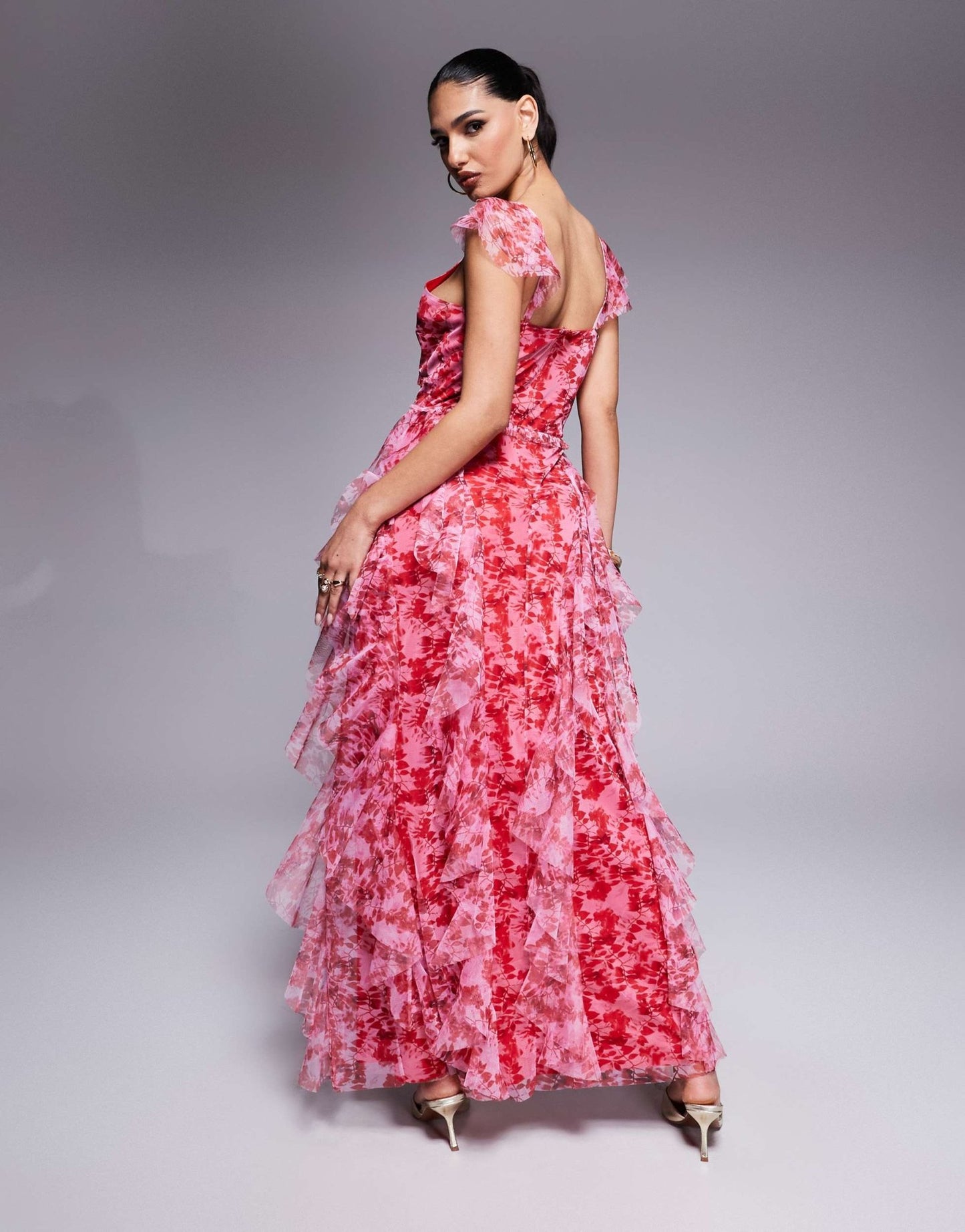 Lace & Beads ruffle midaxi tulle dress in red and pink floral - ASOS Sample Sale