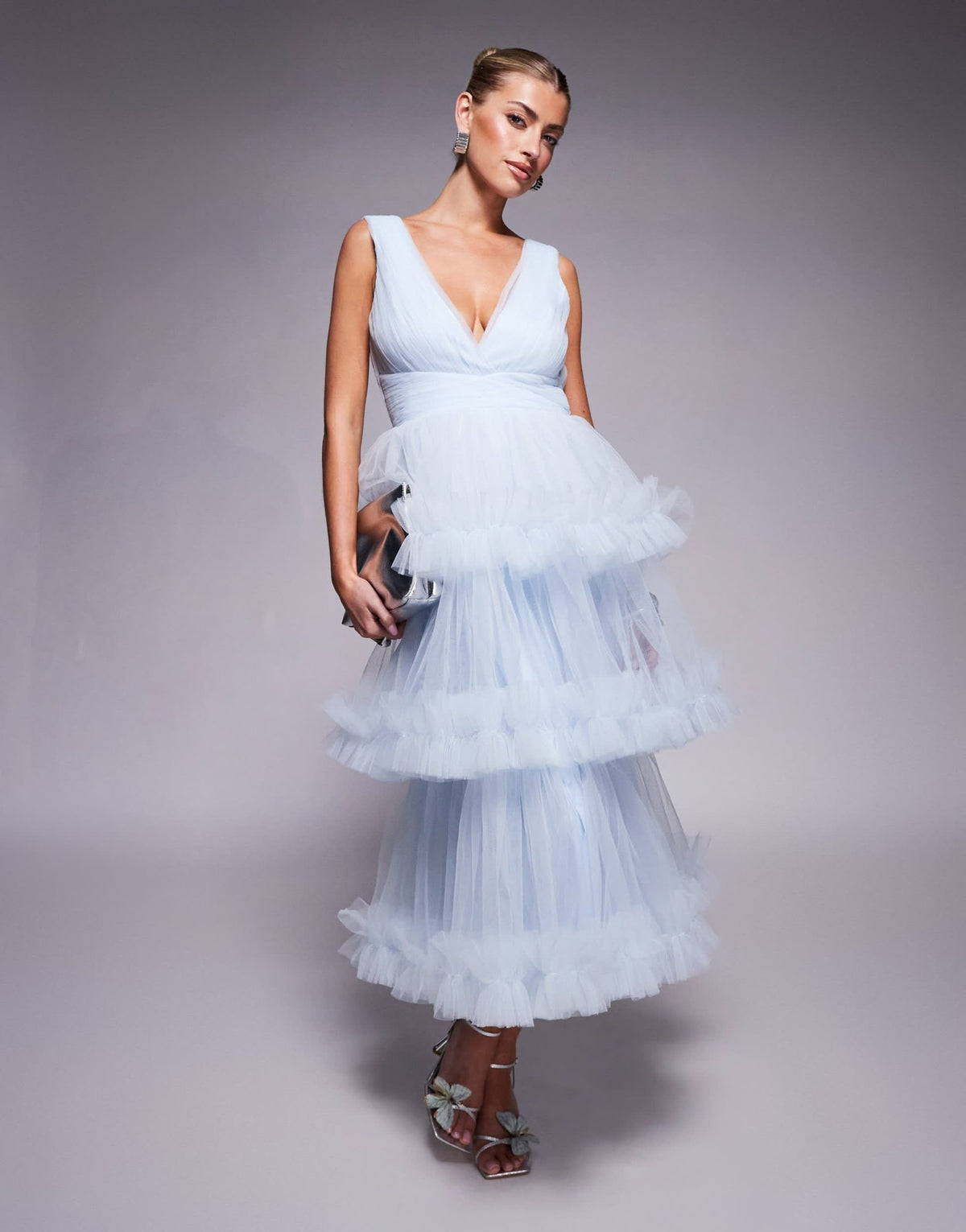Lace & Beads ruffle tiered midaxi dress in sky blue - ASOS Sample Sale