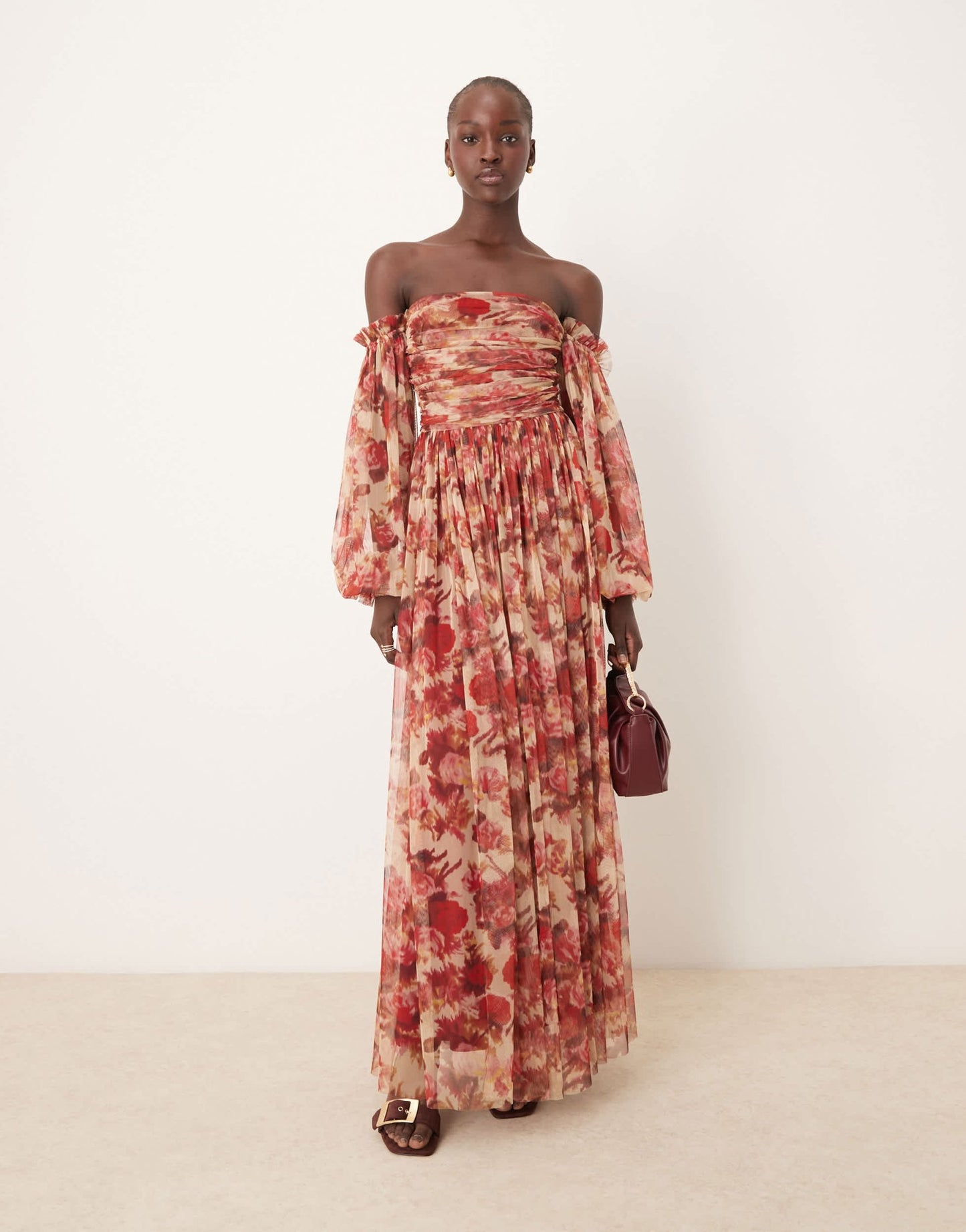 Lace & Beads sheer sleeve tulle ruffle maxi dress in rose floral - ASOS Sample Sale