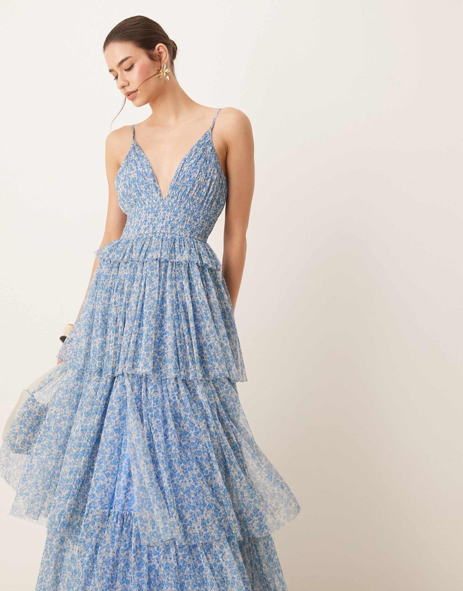 Lace & Beads tiered shirred maxi dress in blue floral - ASOS Sample Sale