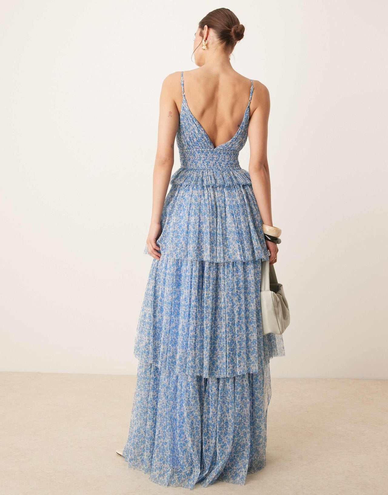 Lace & Beads tiered shirred maxi dress in blue floral - ASOS Sample Sale