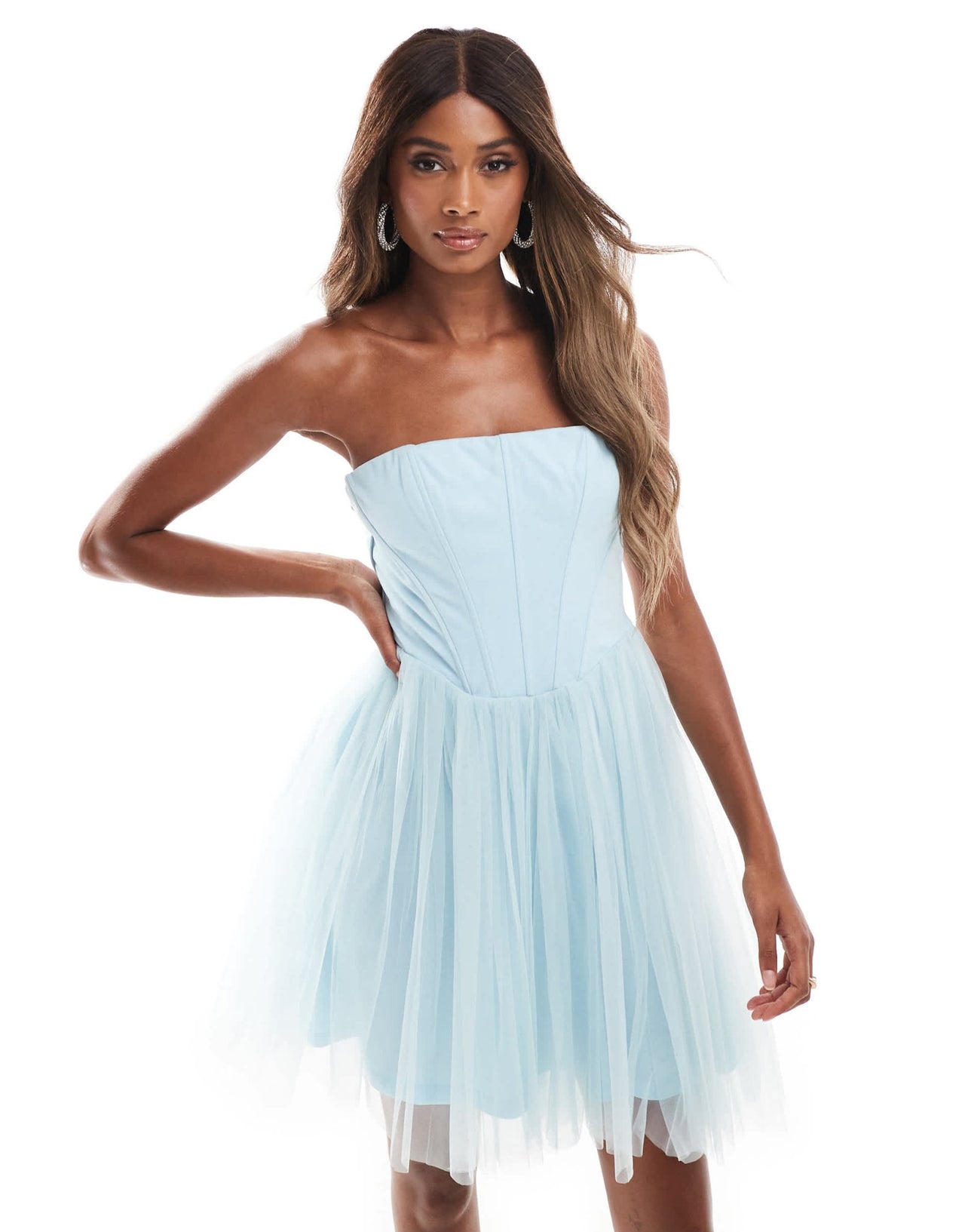 Lace & Beads tulle corset mini dress with drop hem in blue - ASOS Sample Sale