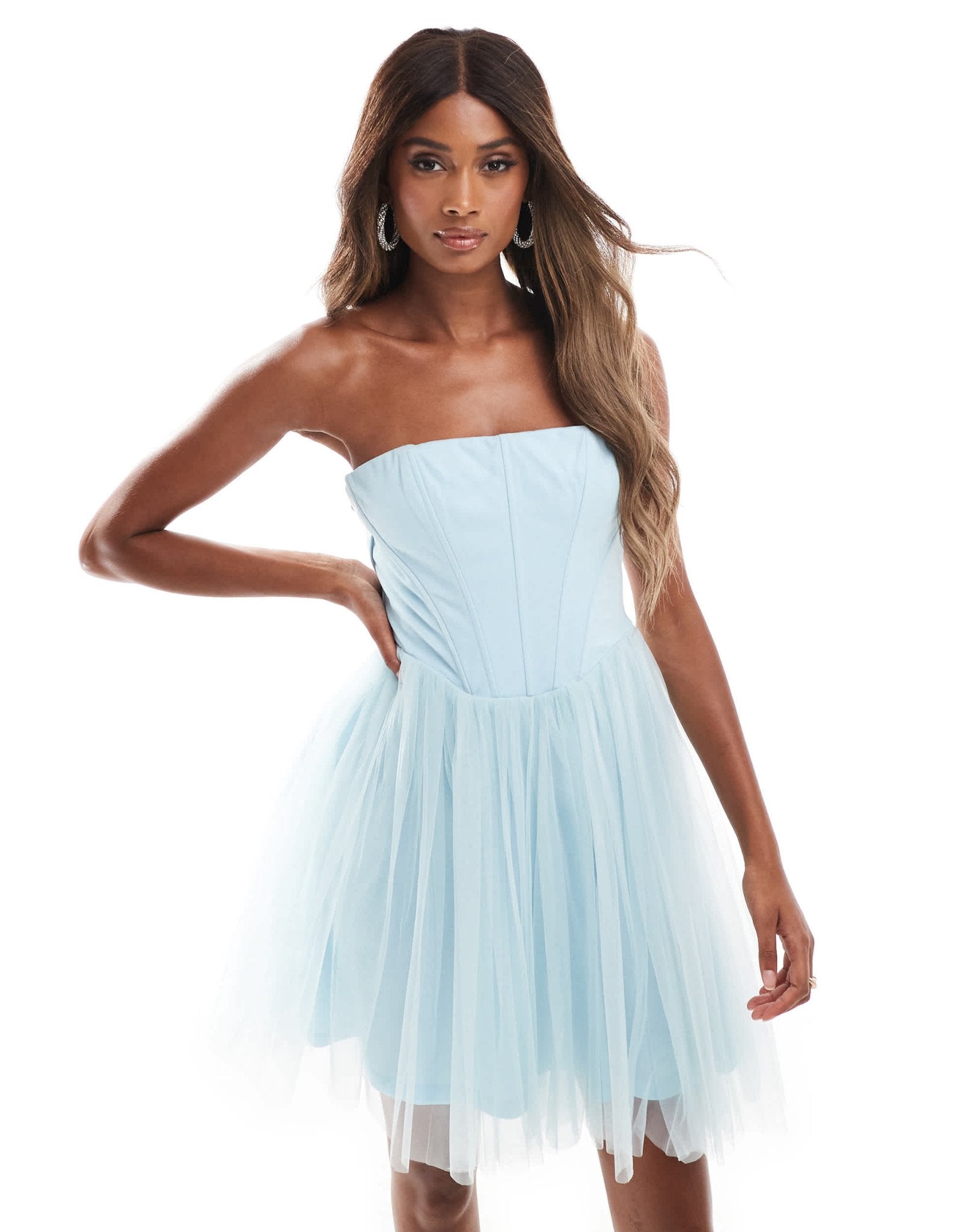 Lace & Beads tulle corset mini dress with drop hem in blue - ASOS Sample Sale