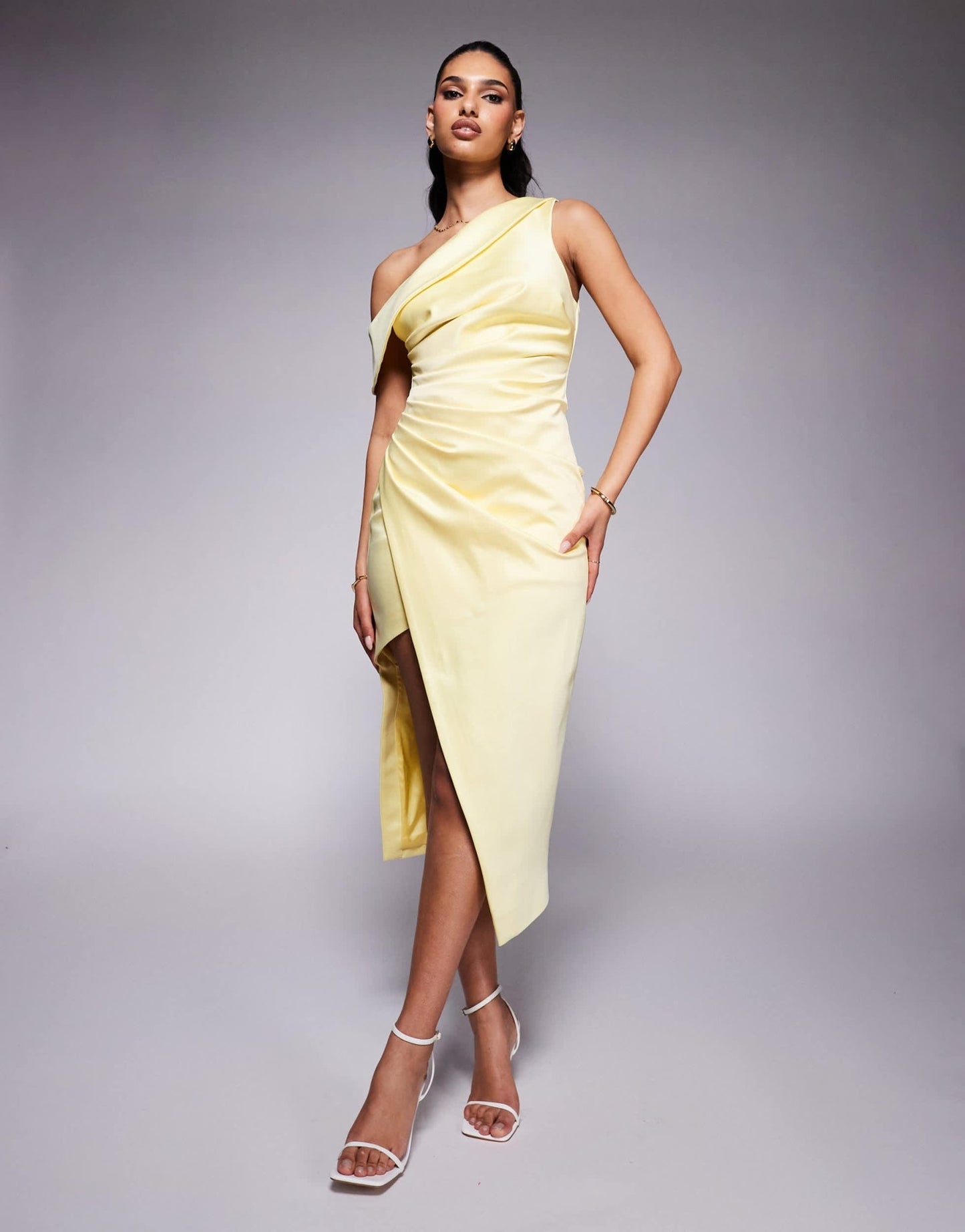 Lavish Alice asymmetric neckline pleated satin midi dress in yellow - ASOS Sample Sale