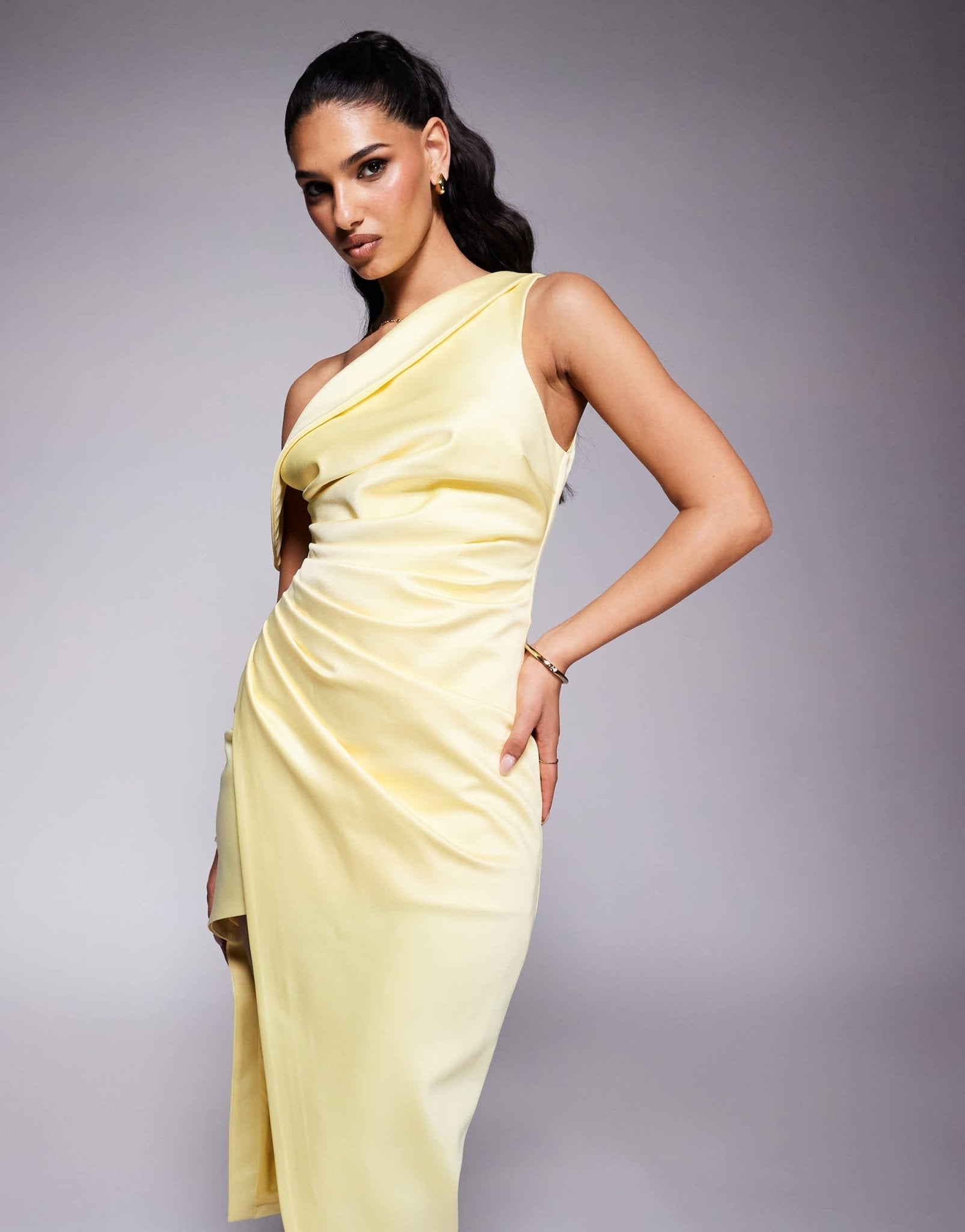 Lavish Alice asymmetric neckline pleated satin midi dress in yellow – ASOS Sample Sale
