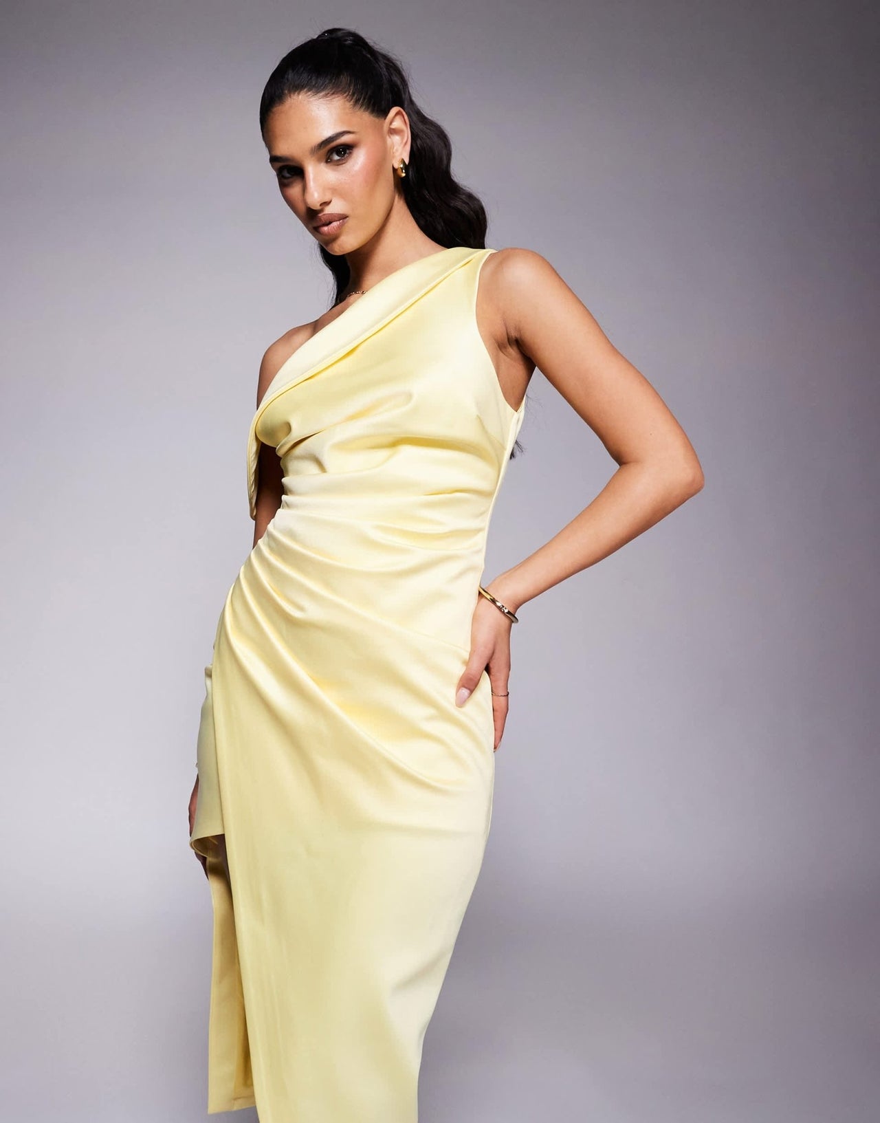 Lavish Alice asymmetric neckline pleated satin midi dress in yellow - ASOS Sample Sale