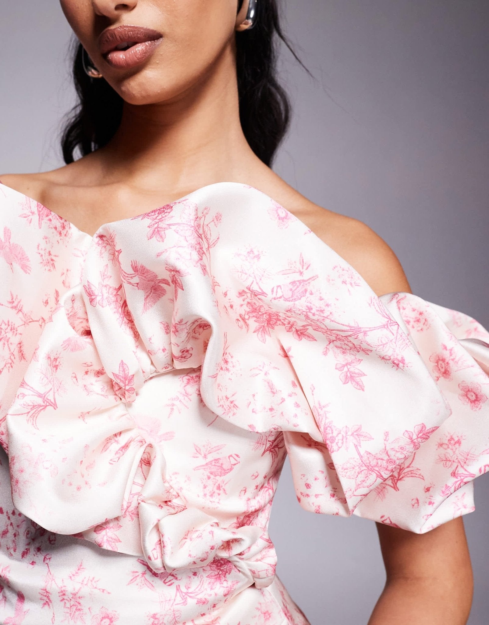 Lavish Alice bonded satin bardot mini dress in fuschia pink porcelain print - ASOS Sample Sale