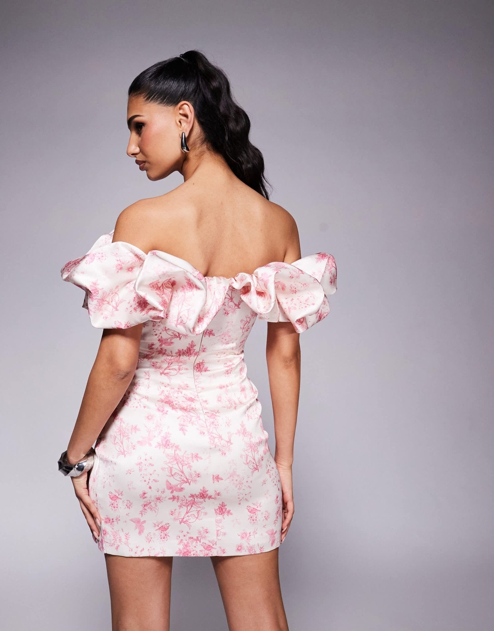 Lavish Alice bonded satin bardot mini dress in fuschia pink porcelain print - ASOS Sample Sale
