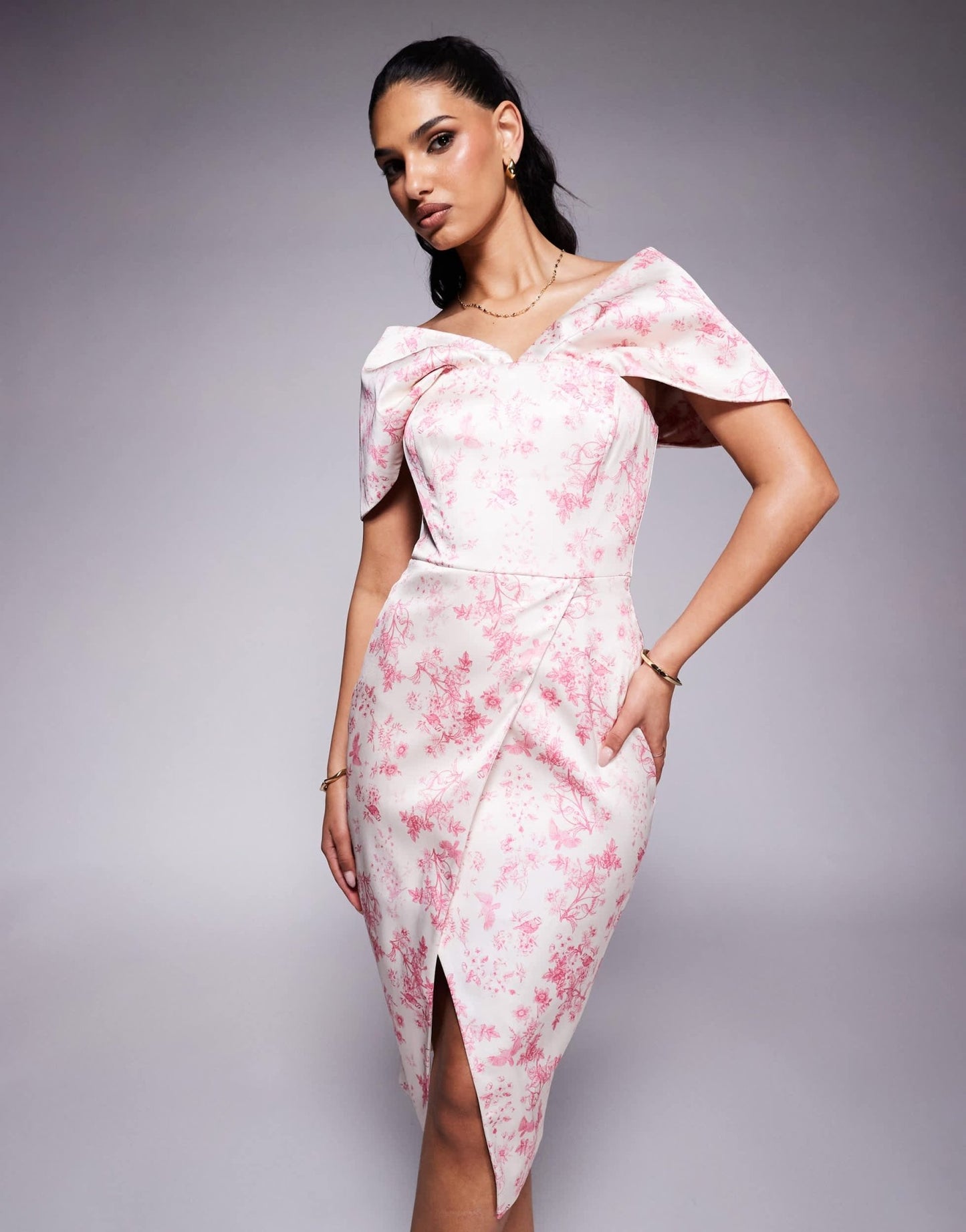 Lavish Alice draped bardot bonded satin midi dress in fushia porcelain print - ASOS Sample Sale