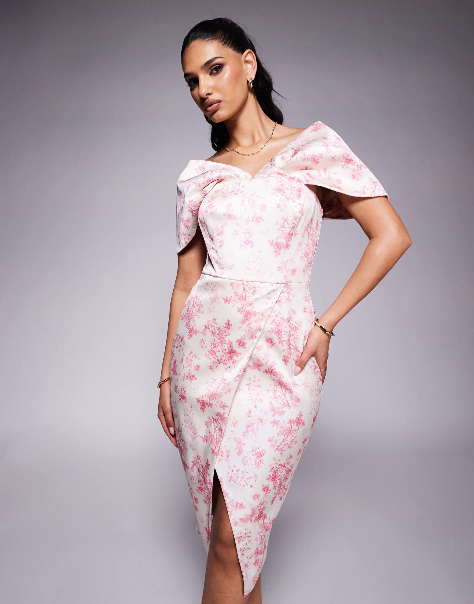 Lavish Alice draped bardot bonded satin midi dress in fushia porcelain print - ASOS Sample Sale