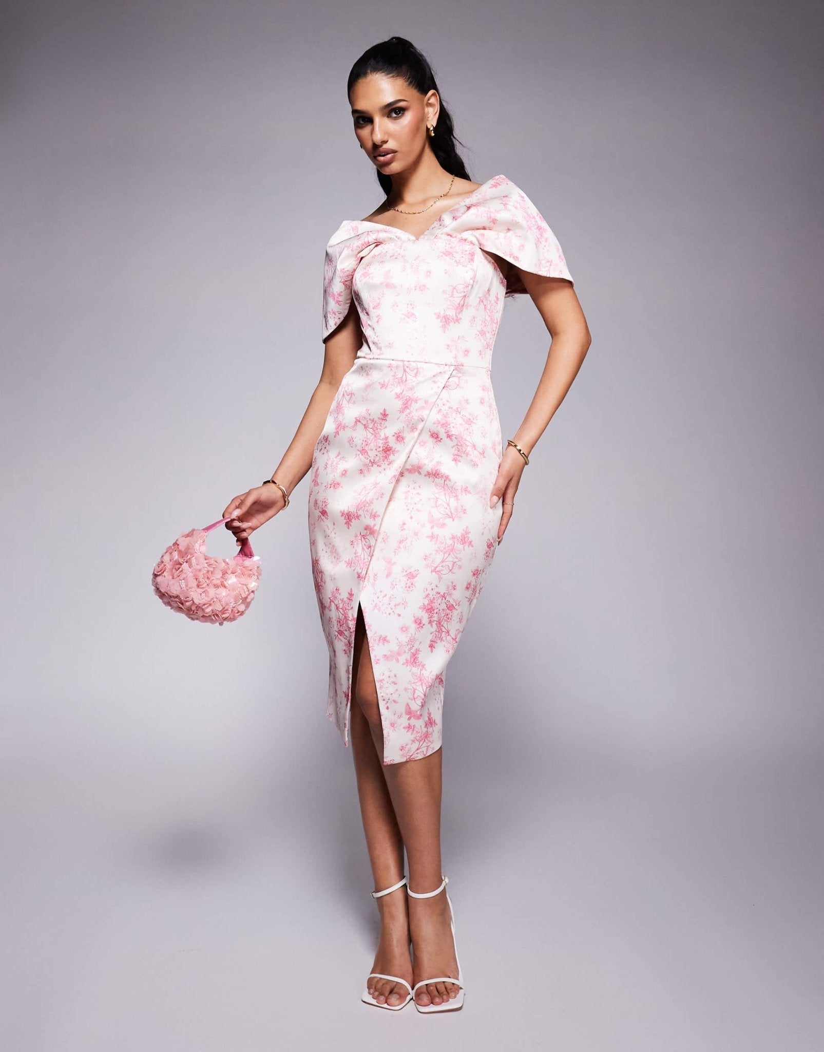 Lavish Alice draped bardot bonded satin midi dress in fushia porcelain print - ASOS Sample Sale