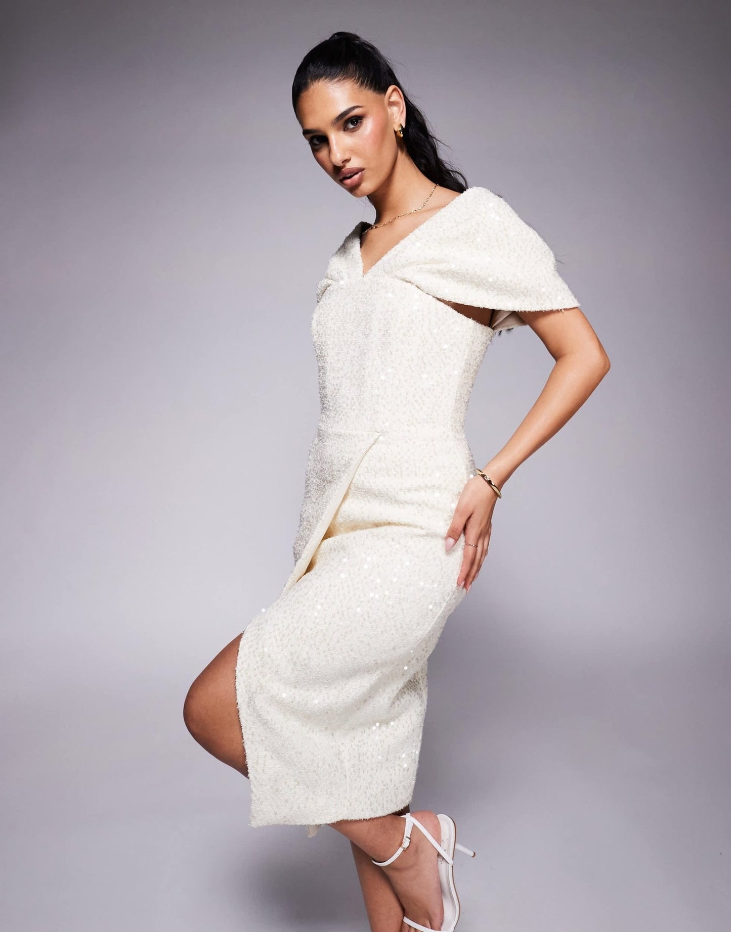 Lavish Alice draped bardot sequin boucle midi dress in beige - ASOS Sample Sale