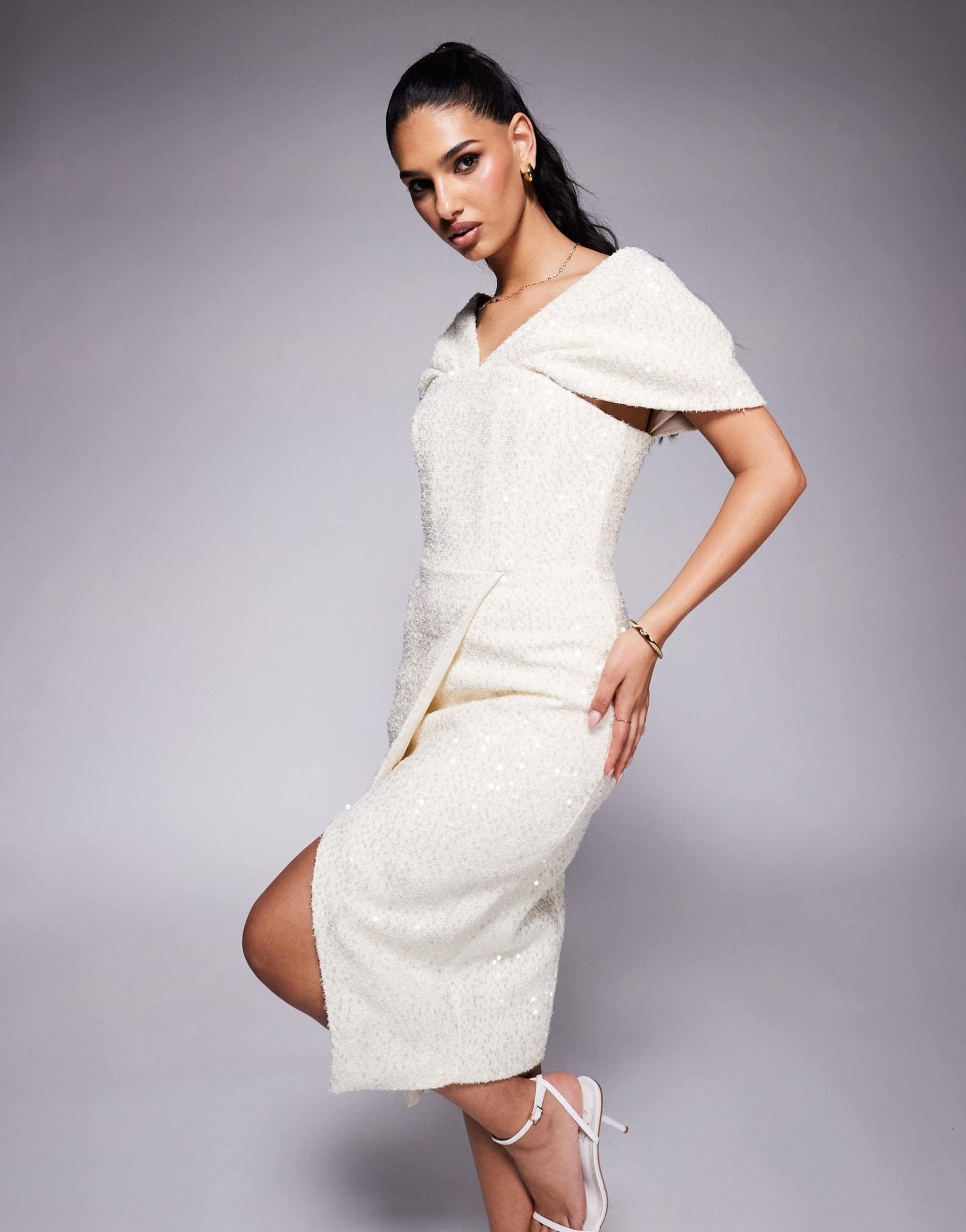 Lavish Alice draped bardot sequin boucle midi dress in beige - ASOS Sample Sale