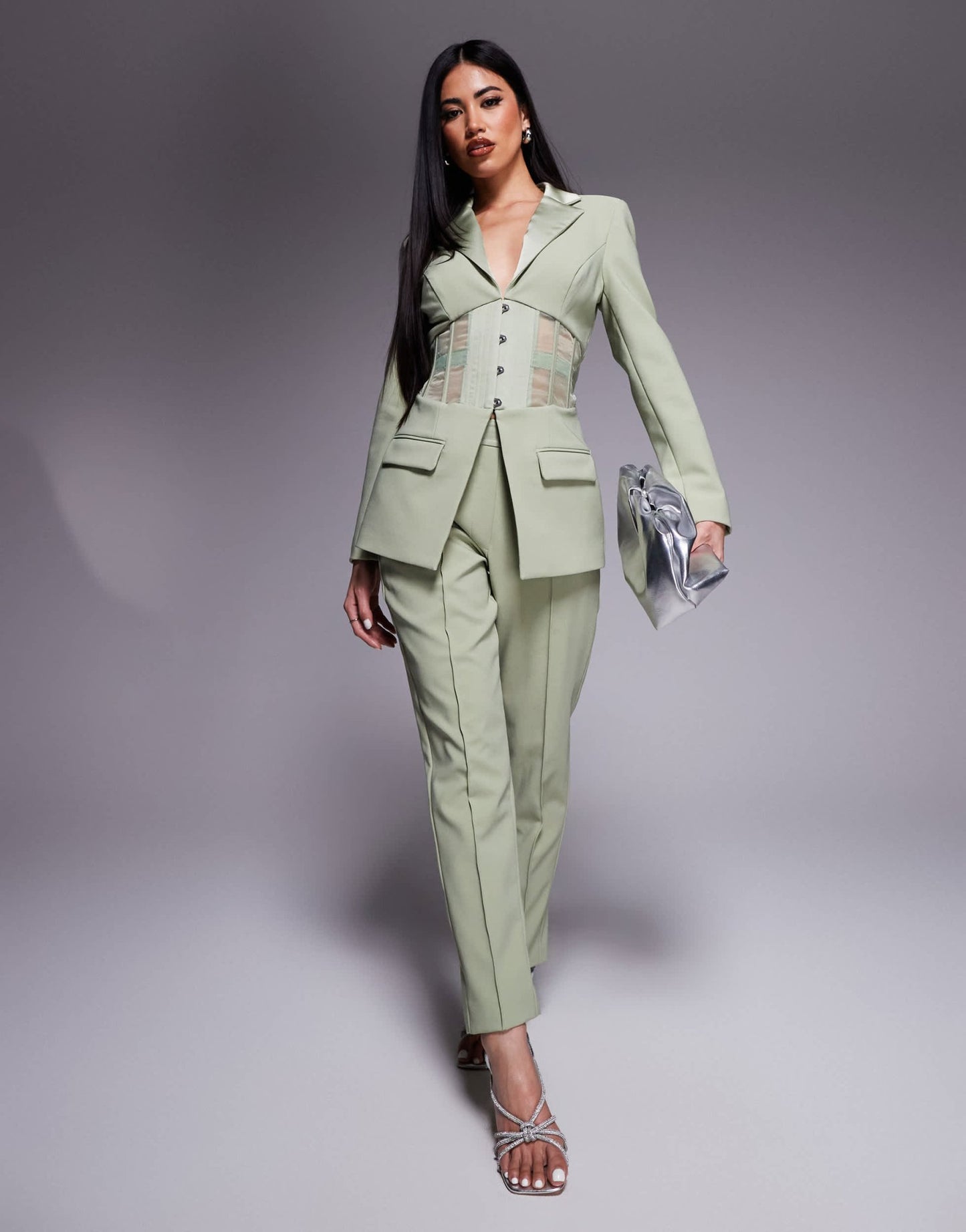 Lavish Alice mid rise satin mix tailored trousers co - ord in sage green - ASOS Sample Sale