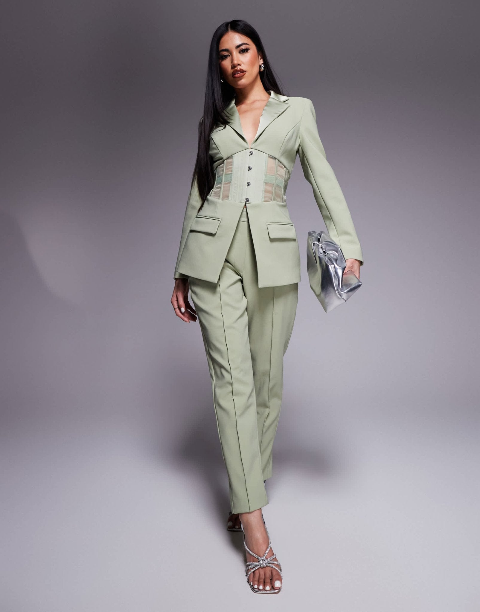 Lavish Alice mid rise satin mix tailored trousers co - ord in sage green - ASOS Sample Sale