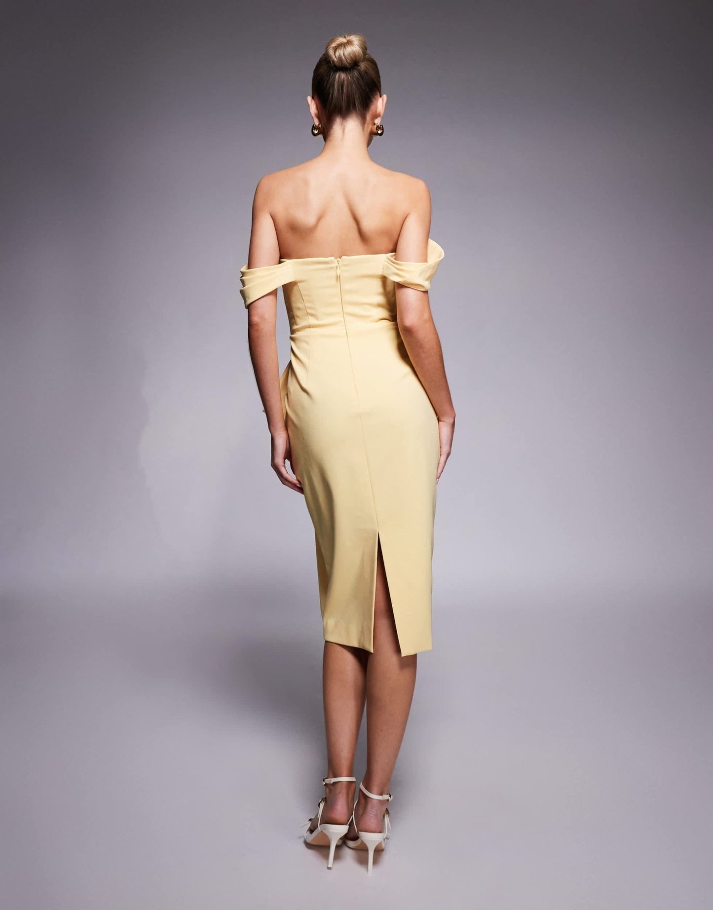 Lavish Alice off shoulder bow detail midi dress in yellow - ASOS Sample Sale
