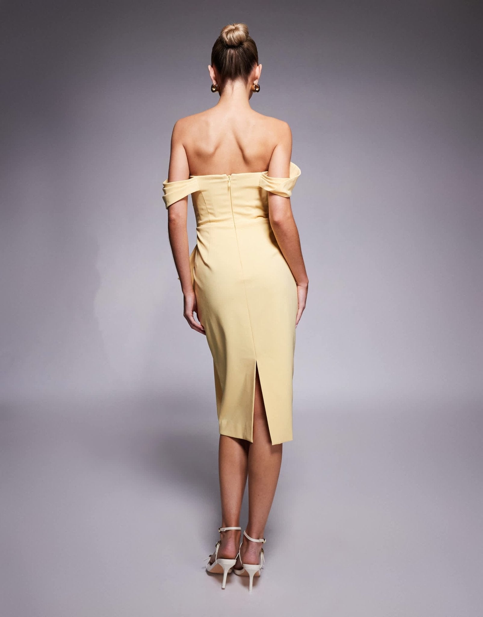 Lavish Alice off shoulder bow detail midi dress in yellow - ASOS Sample Sale