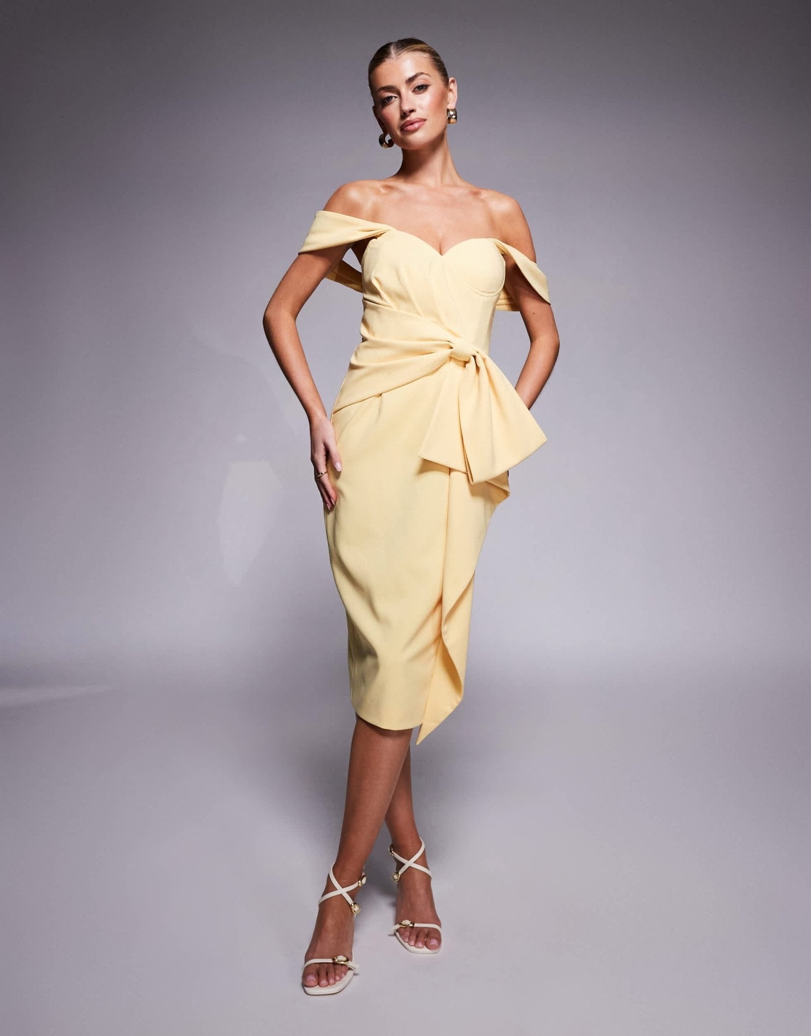 Lavish Alice off shoulder bow detail midi dress in yellow - ASOS Sample Sale