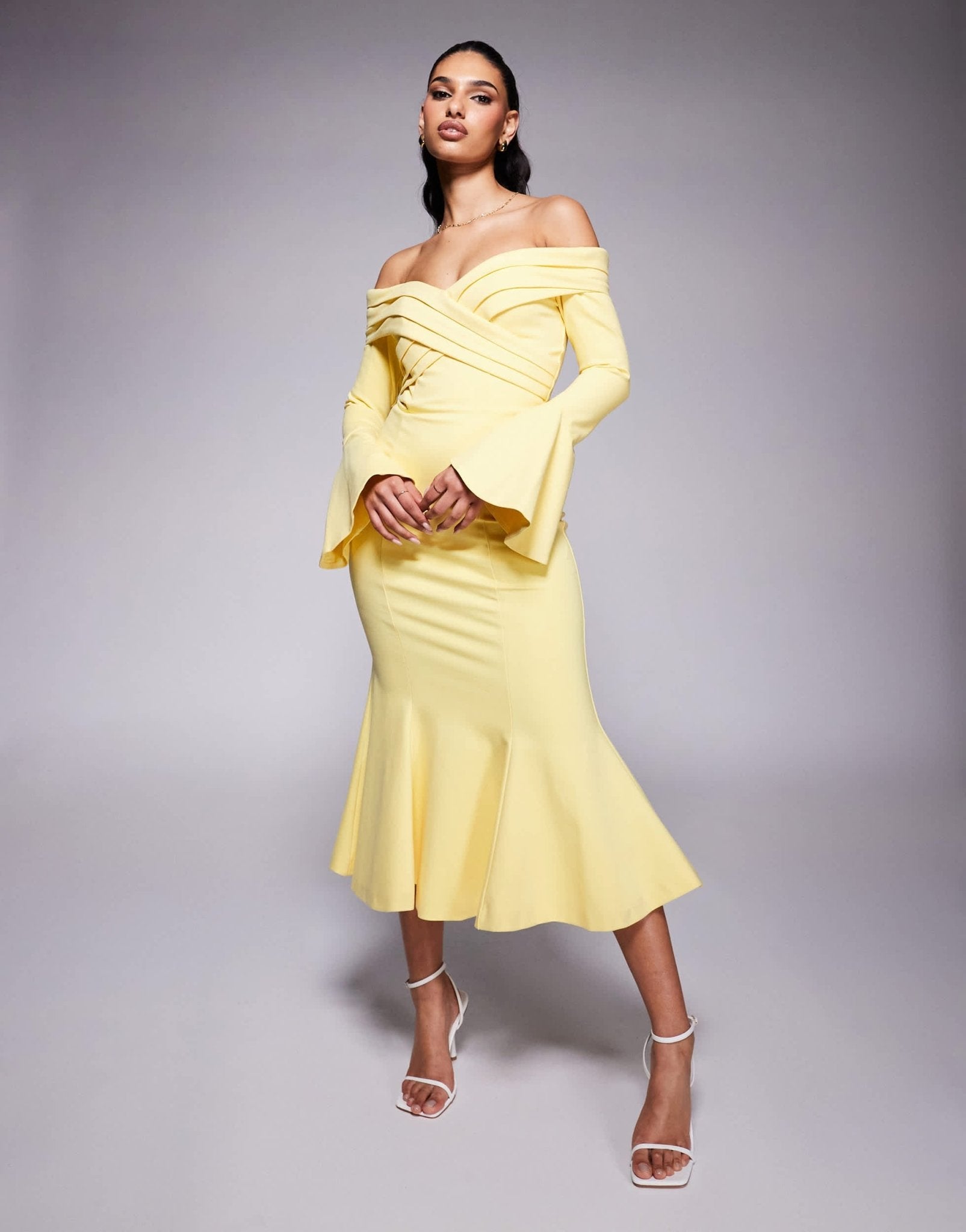 Lavish Alice off shoulder fit and flare long midi dress in yellow - ASOS Sample Sale