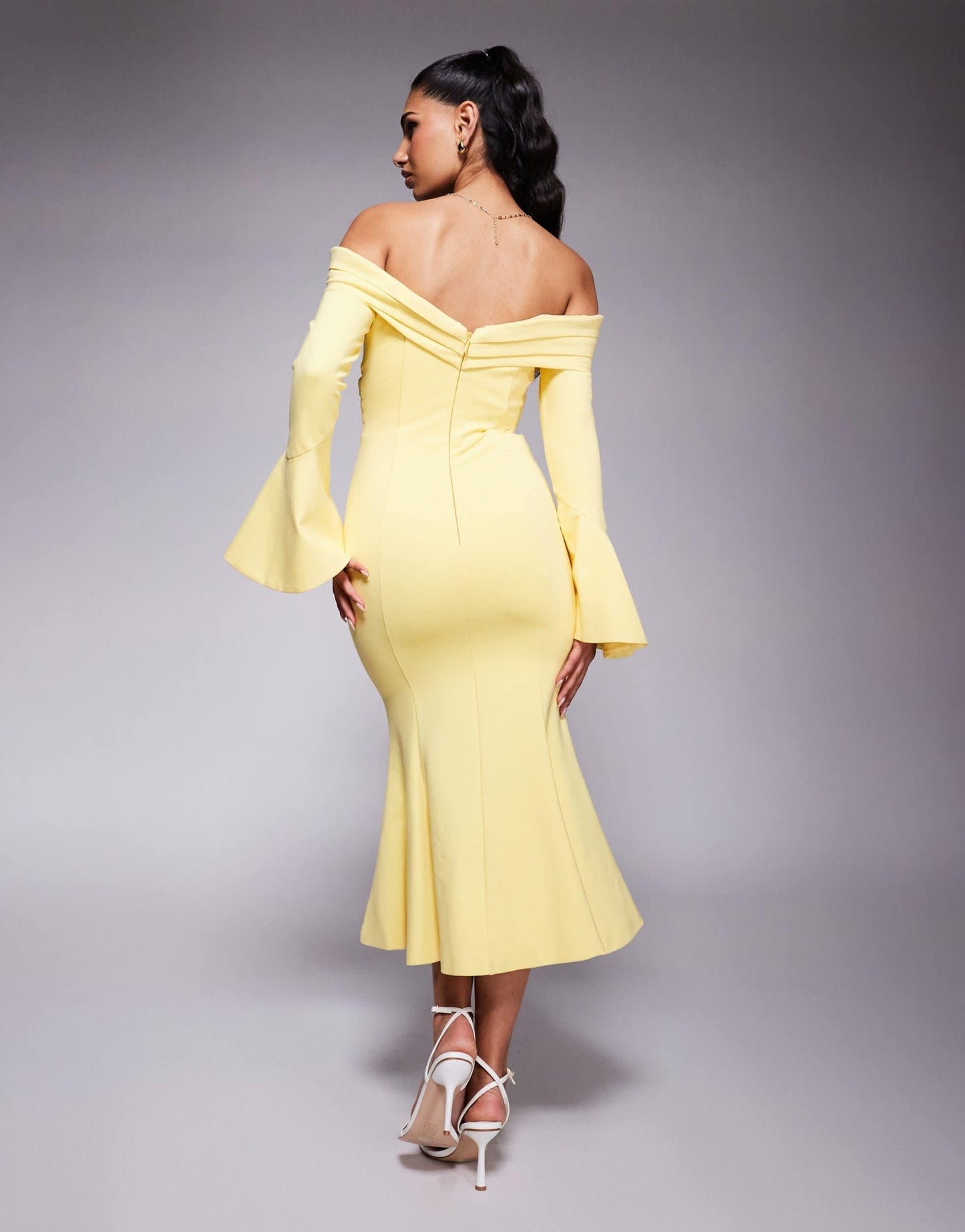 Lavish Alice off shoulder fit and flare long midi dress in yellow - ASOS Sample Sale