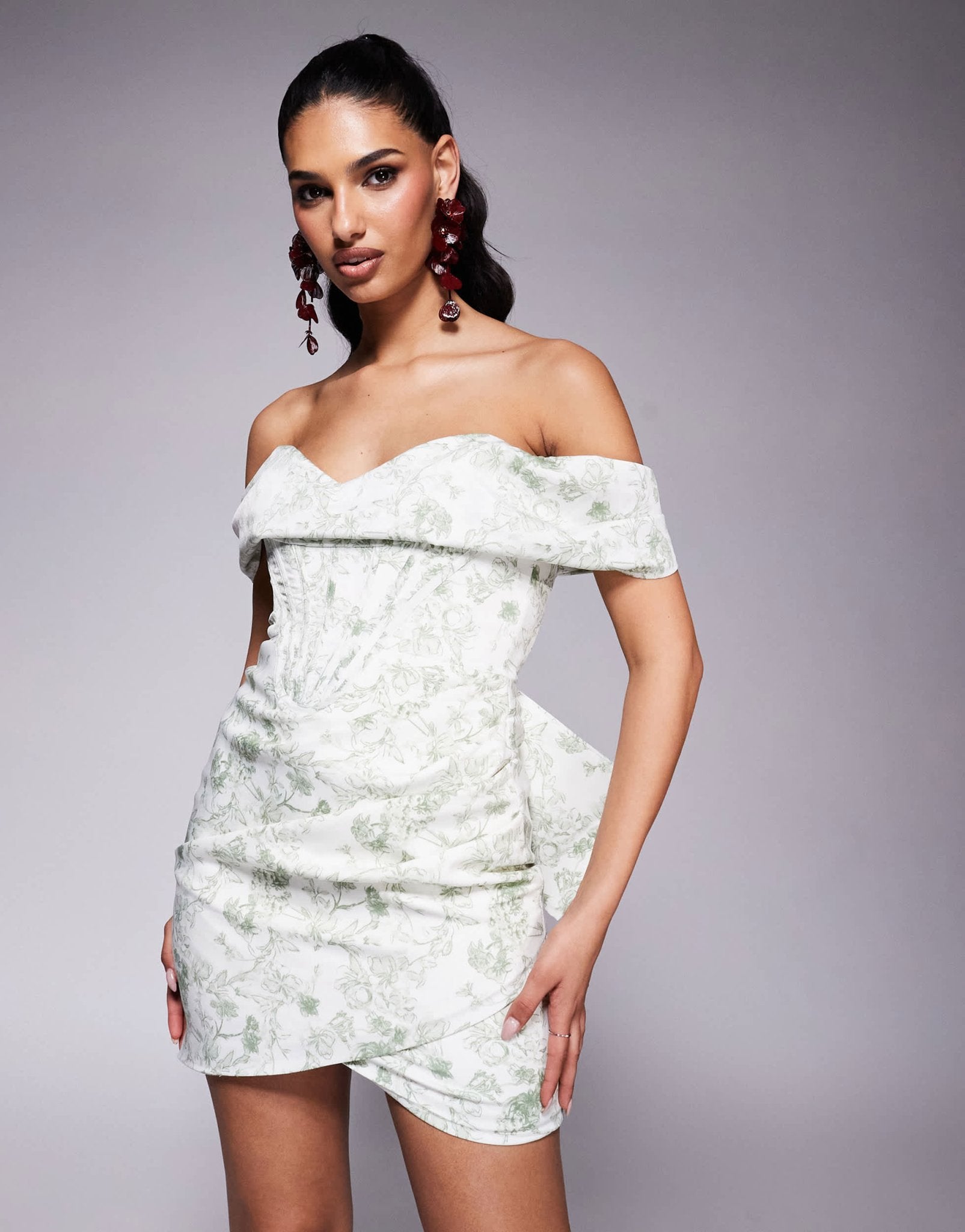 Lavish Alice off shoulder lace up mini dress in green print - ASOS Sample Sale