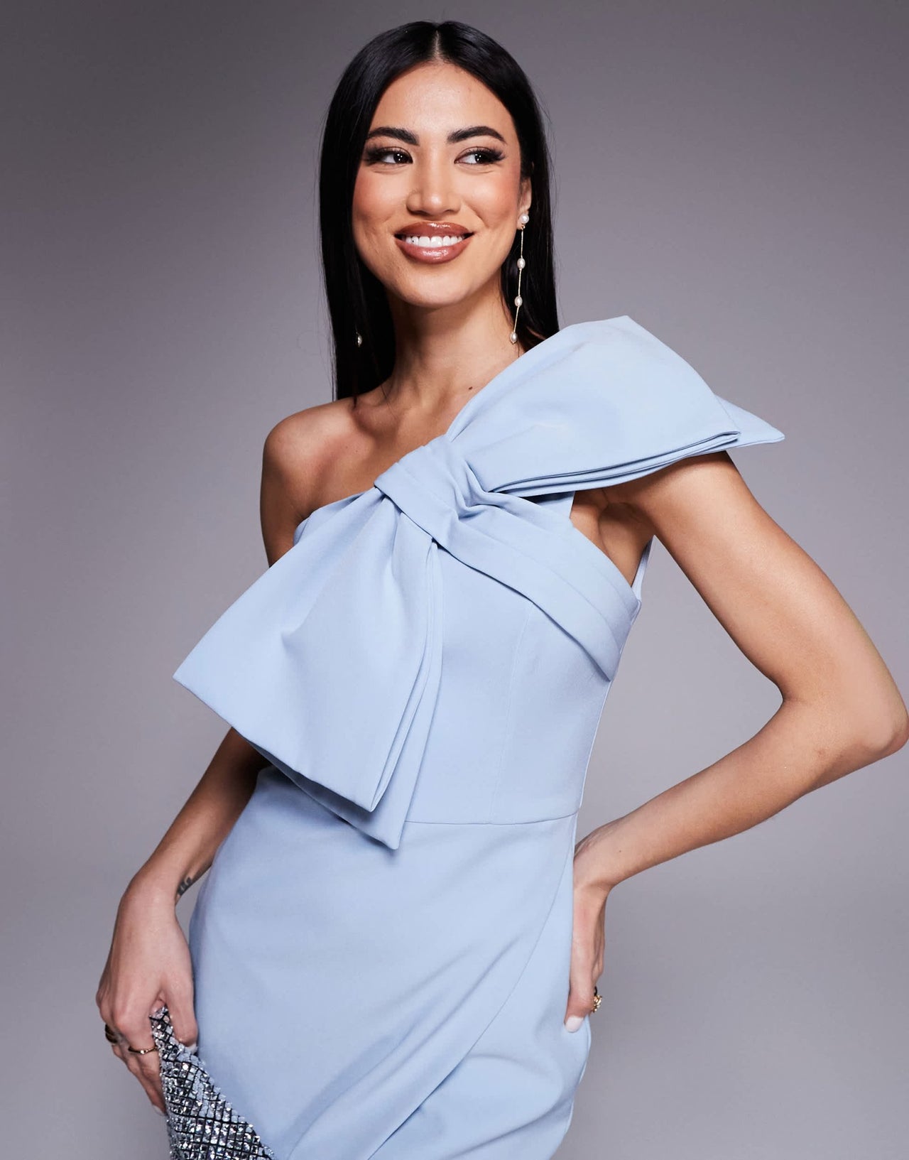 Lavish Alice one shouder statement bow midi dress in light blue - ASOS Sample Sale