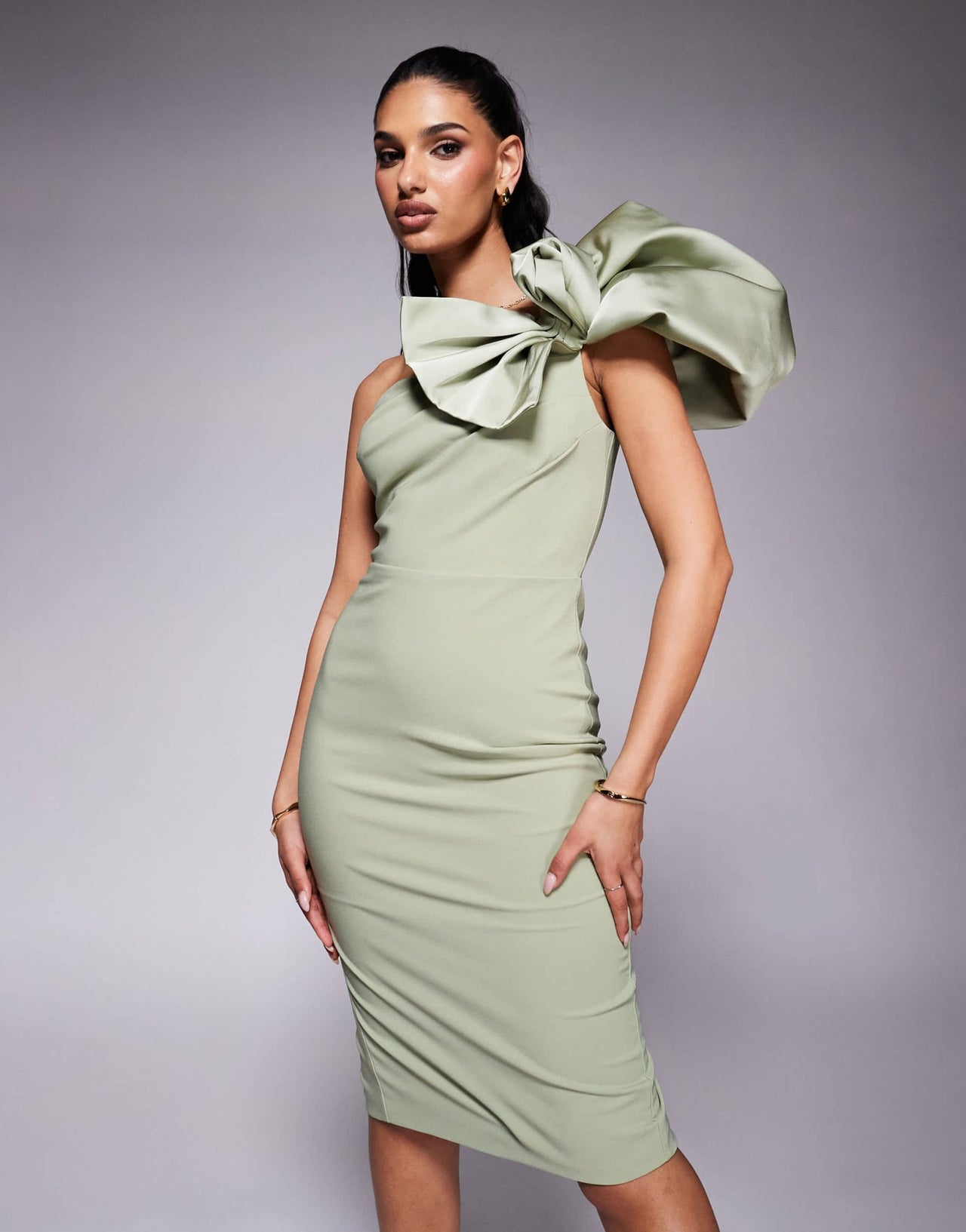 Lavish Alice one shoulder detail midi dress in sage green - ASOS Sample Sale