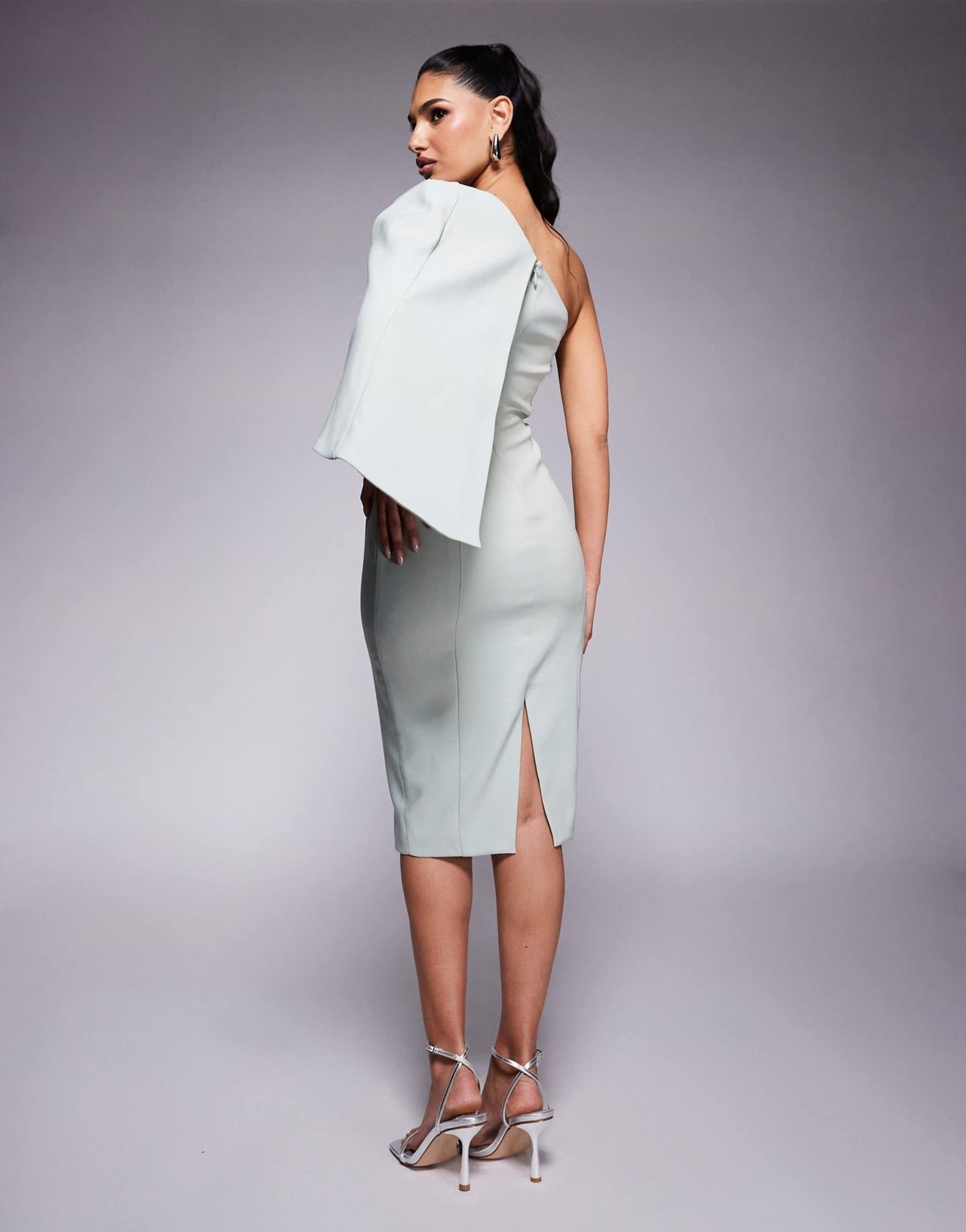 Lavish Alice one shoulder embellished bow cape midi dress in sage - ASOS Sample Sale