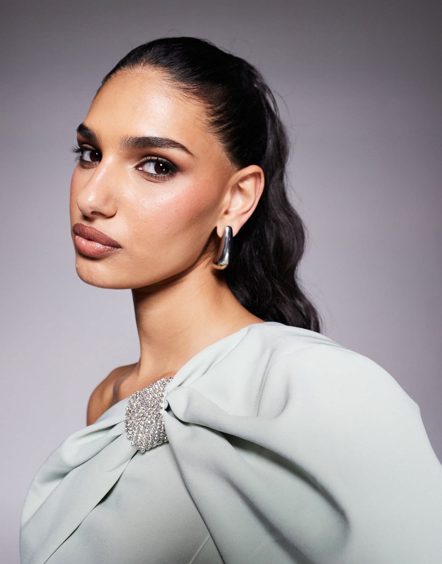 Lavish Alice one shoulder embellished bow cape midi dress in sage - ASOS Sample Sale