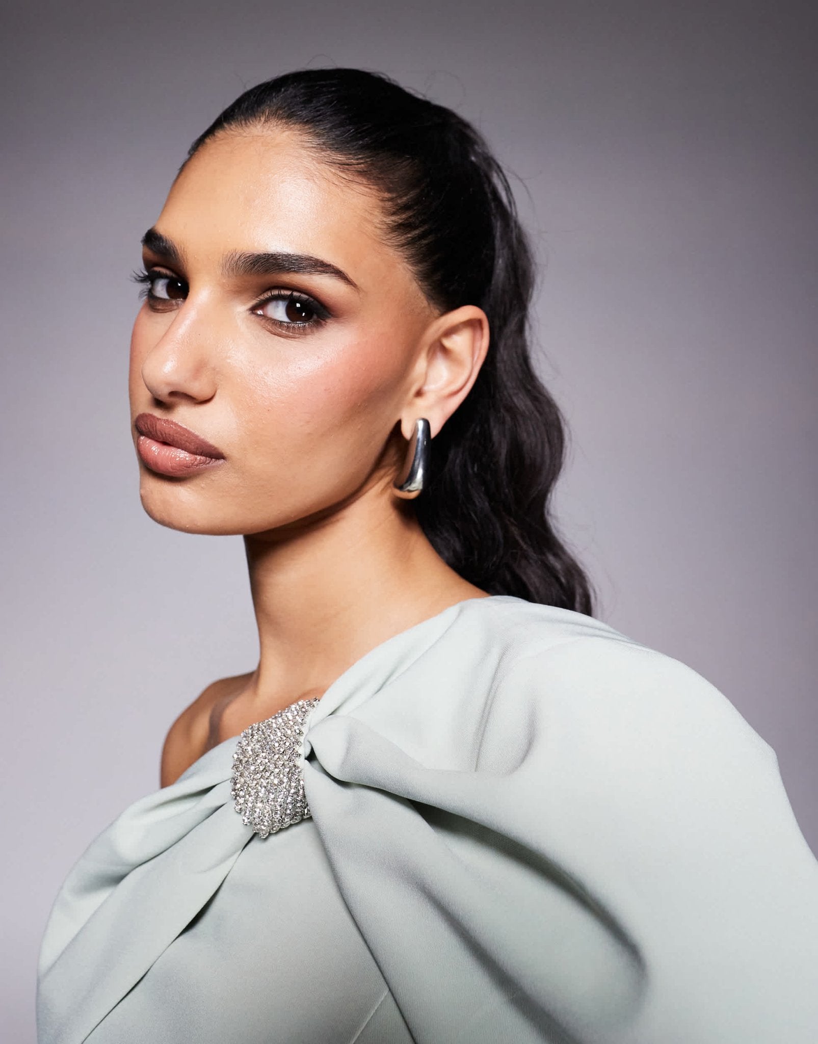 Lavish Alice one shoulder embellished bow cape midi dress in sage - ASOS Sample Sale