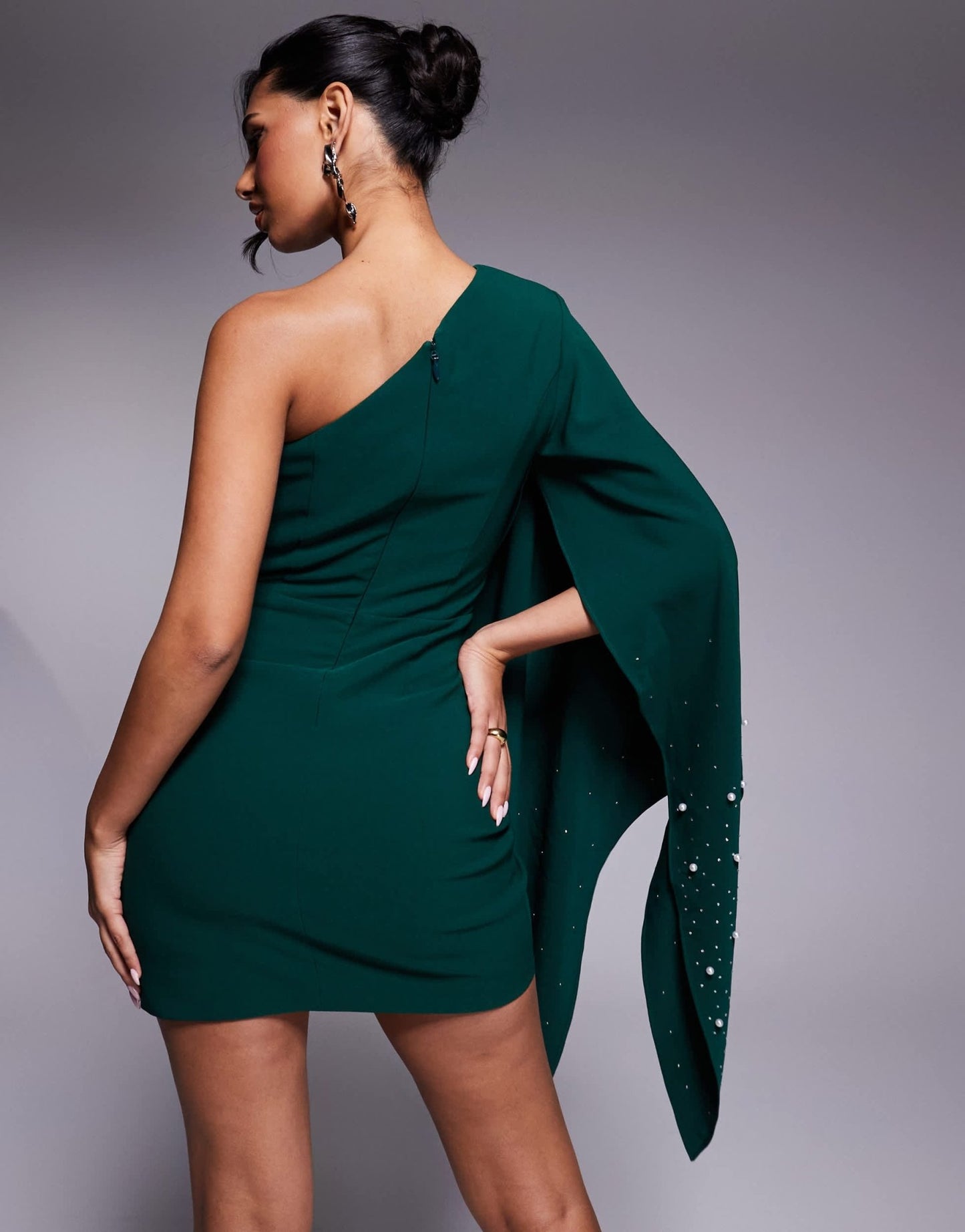 Lavish Alice one shoulder embellished cape mini dress in emerald green - ASOS Sample Sale