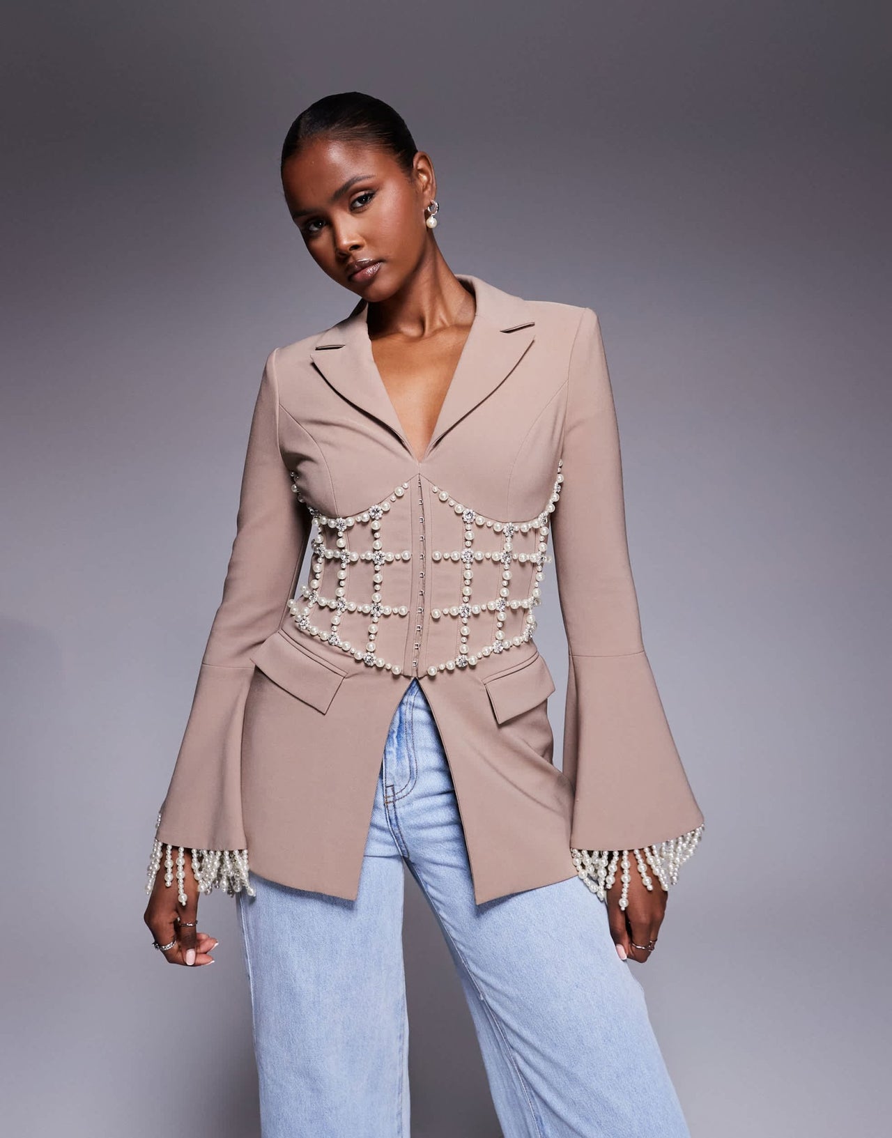 Lavish Alice pearl embellished blazer in mushroom - ASOS Sample Sale