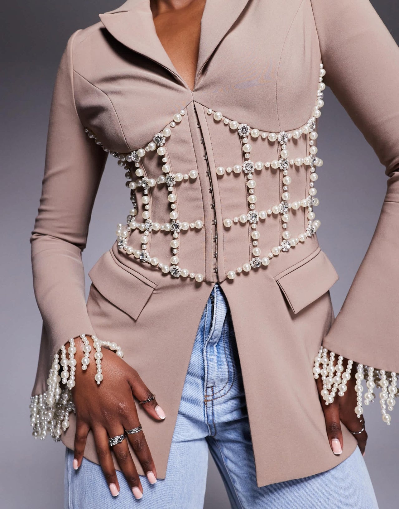 Lavish Alice pearl embellished blazer in mushroom - ASOS Sample Sale