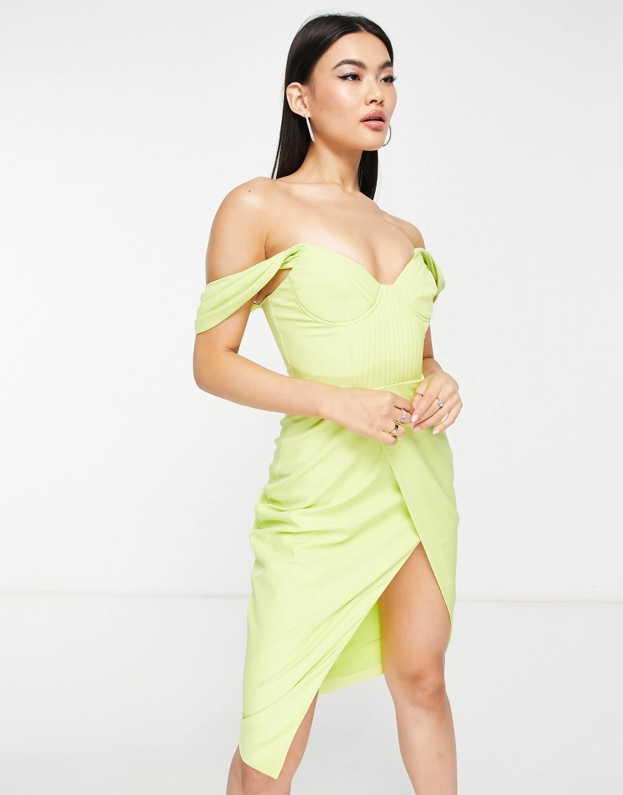 Lavish Alice pleat detail bardot midi dress lime green - ASOS Sample Sale