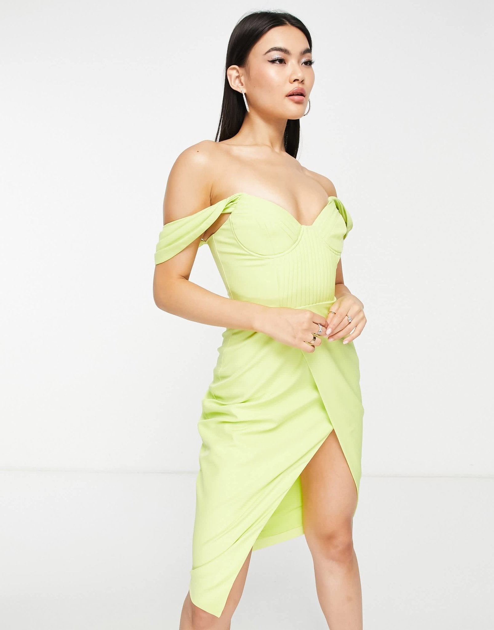 Lavish Alice pleat detail bardot midi dress lime green - ASOS Sample Sale