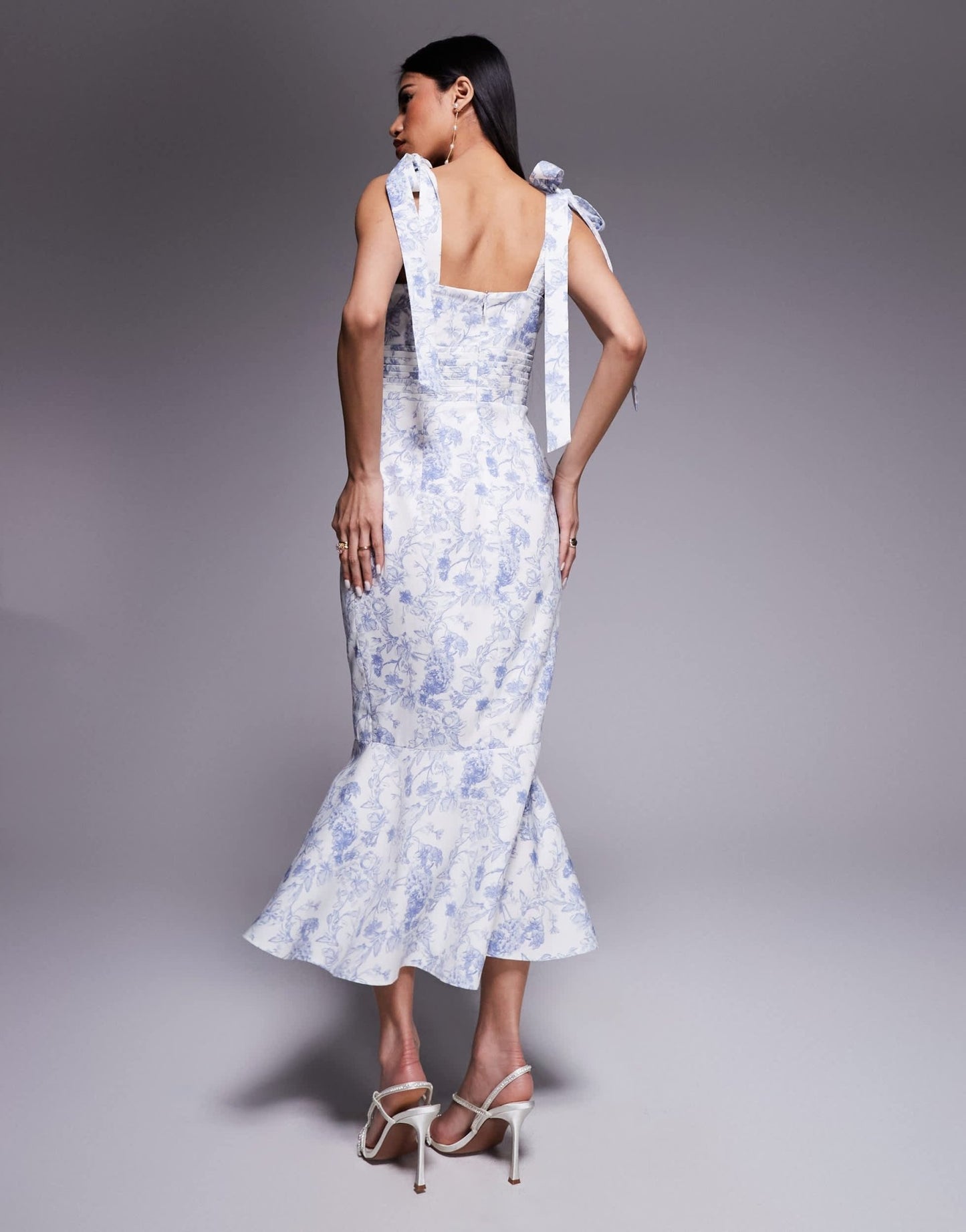 Lavish Alice satin tie strap micro button midi dress in blue porcelain print - ASOS Sample Sale