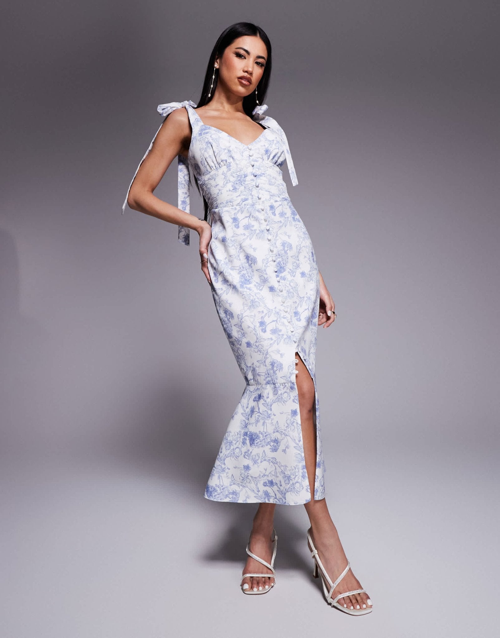 Lavish Alice satin tie strap micro button midi dress in blue porcelain print - ASOS Sample Sale