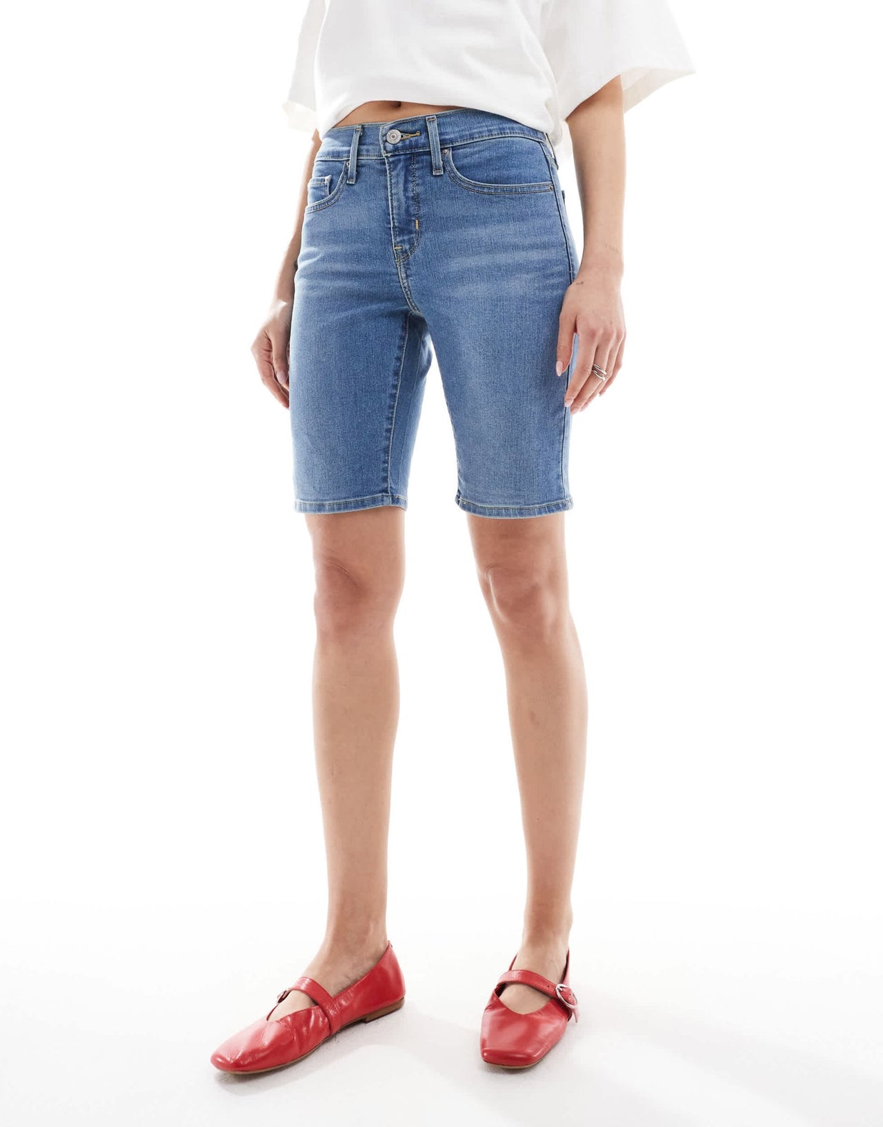 Levi's high waisted bermuda denim shorts in mid blue - ASOS Sample Sale