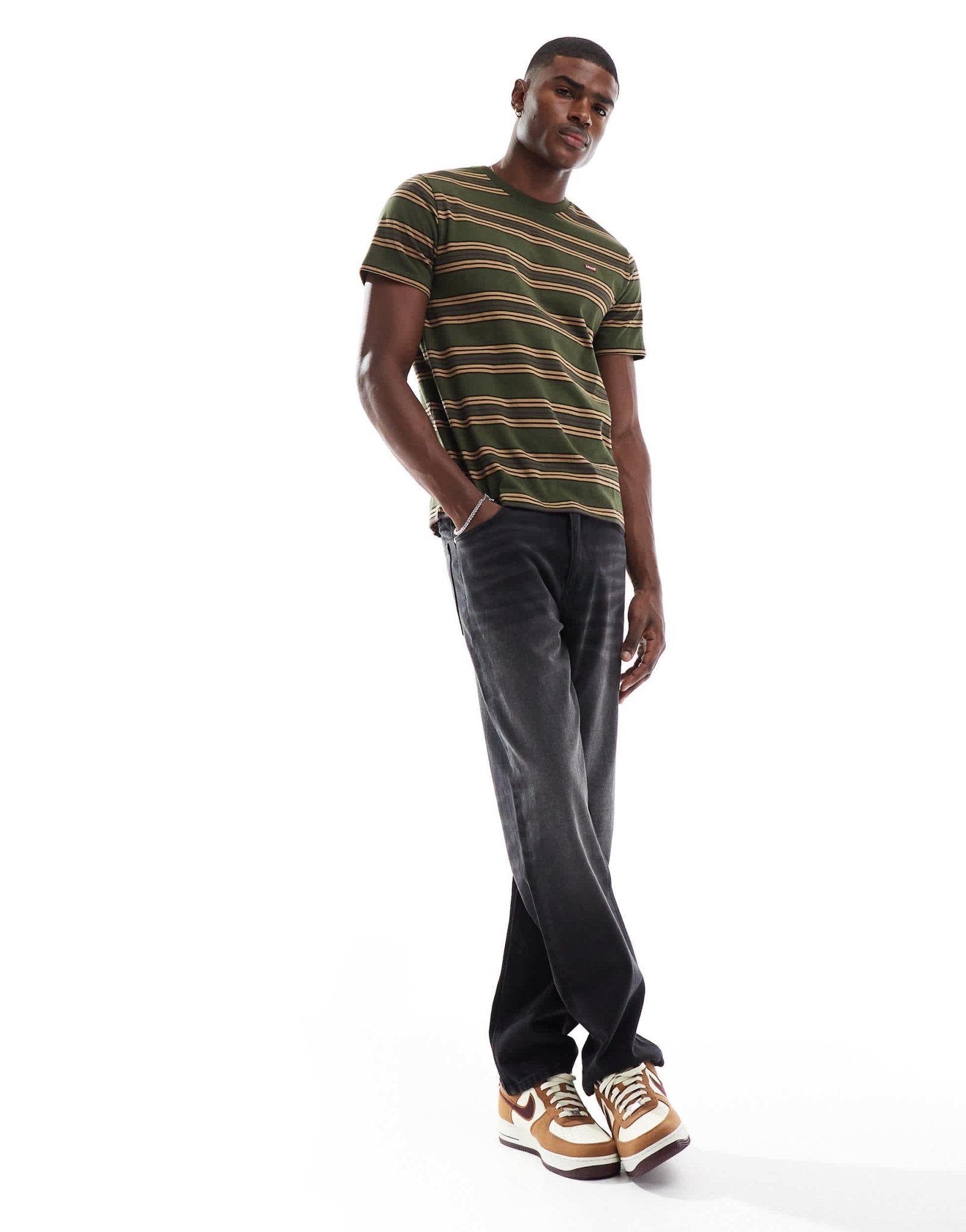Levi's original batwing logo stripe t-shirt in dark green - ASOS Sample Sale