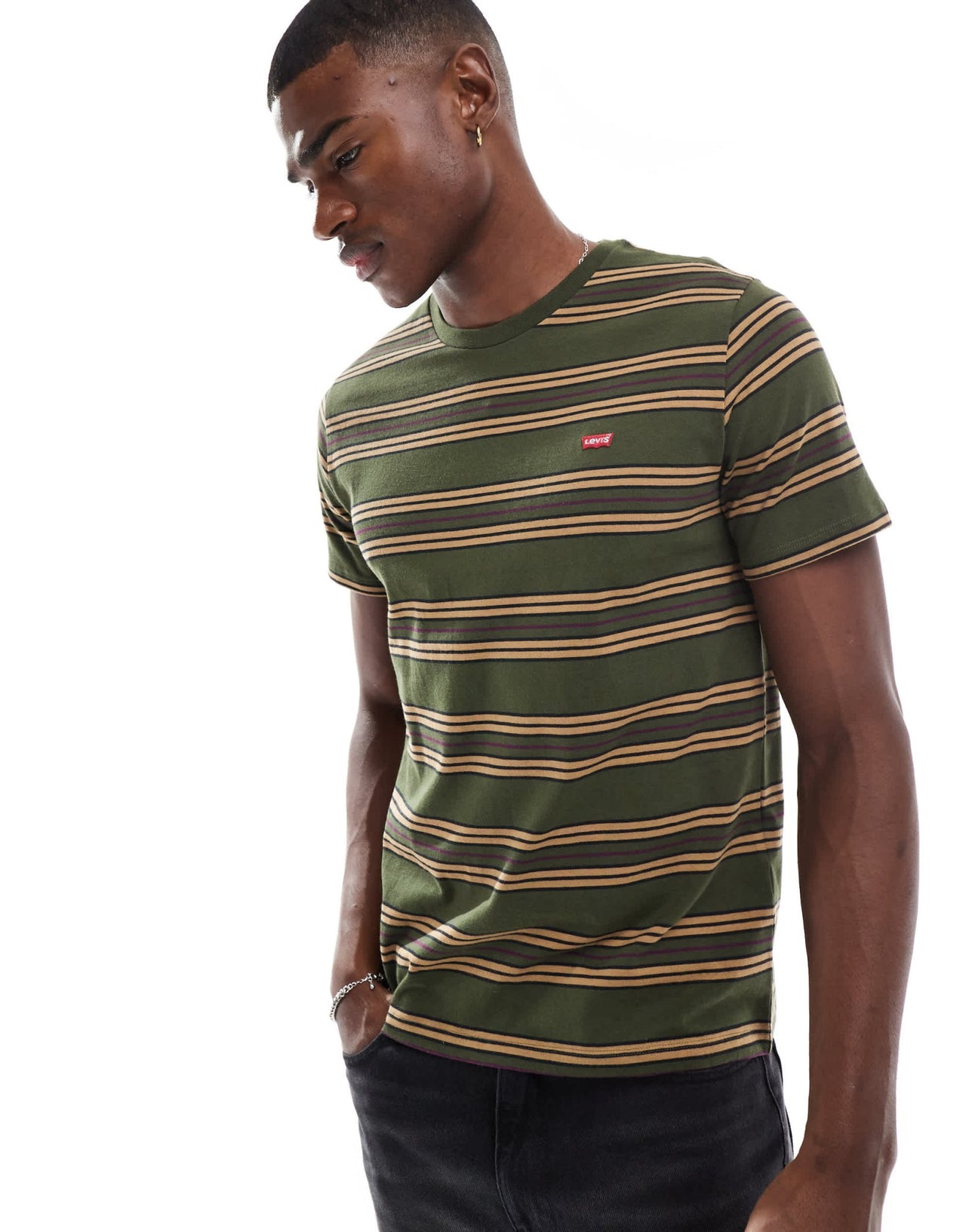 Levi's original batwing logo stripe t-shirt in dark green - ASOS Sample Sale