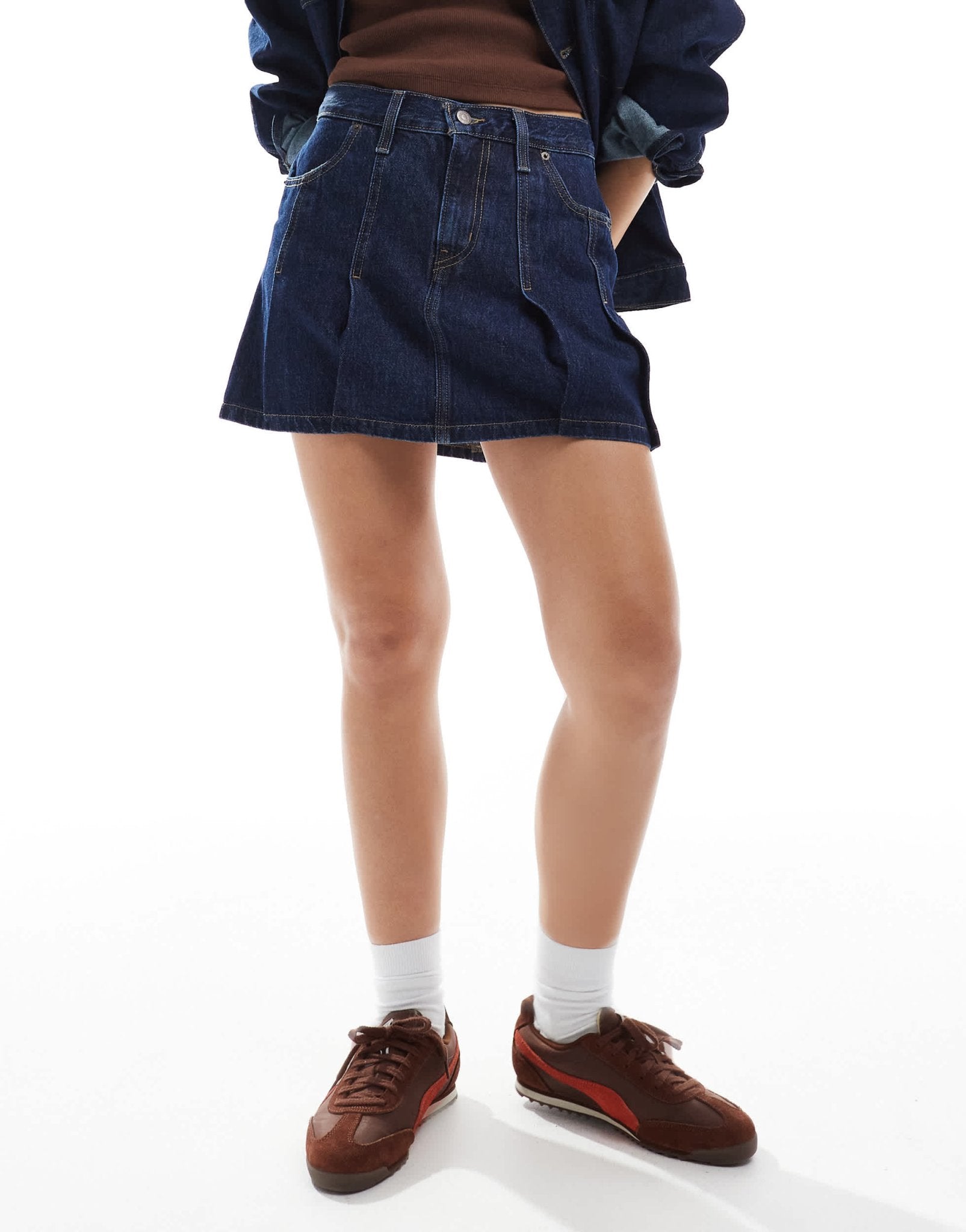 Levi's pleated denim mini skirt in dark wash blue - ASOS Sample Sale