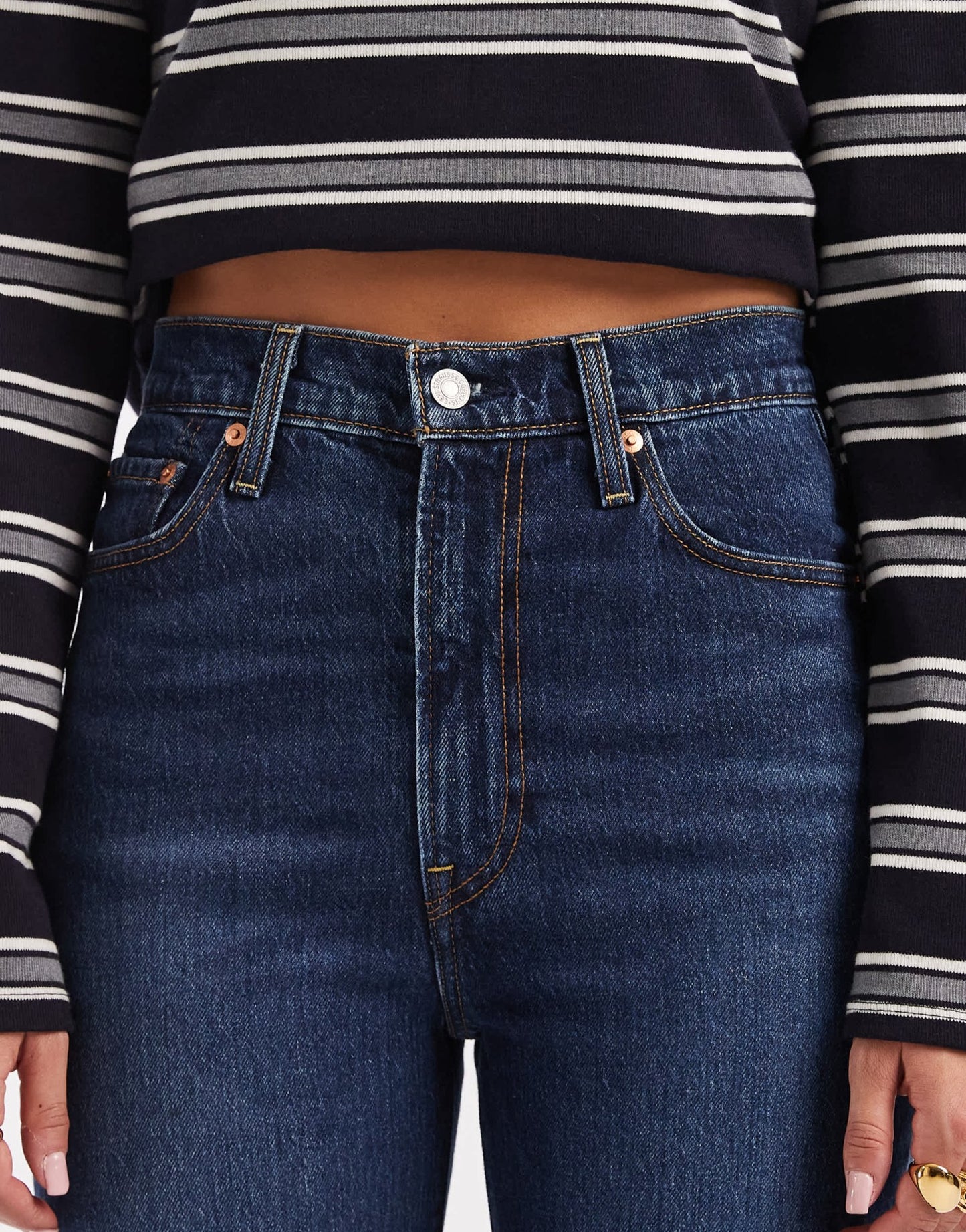 Levi's ribcage bells high rise flare jeans in mid blue - ASOS Sample Sale