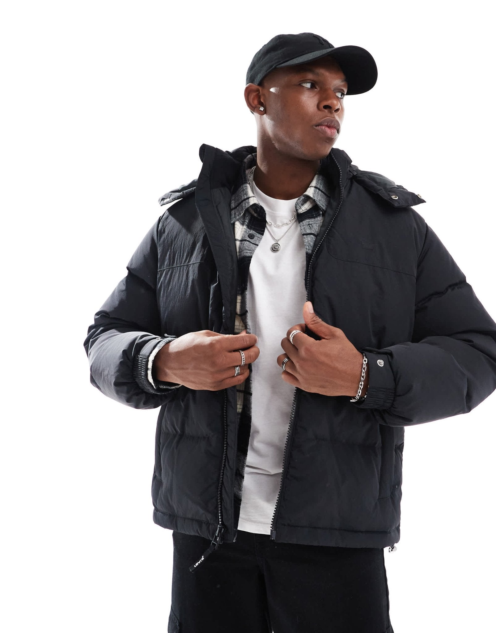 Levi's Rockridge crinkle nylon short hooded down puffer jacket in black - ASOS Sample Sale